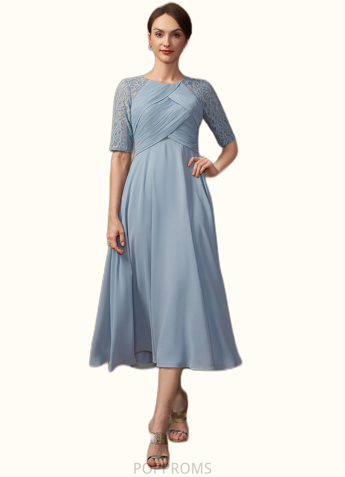 Shyla A-Line Scoop Neck Tea-Length Chiffon Lace Mother of the Bride Dress With Ruffle PP6126P0014616