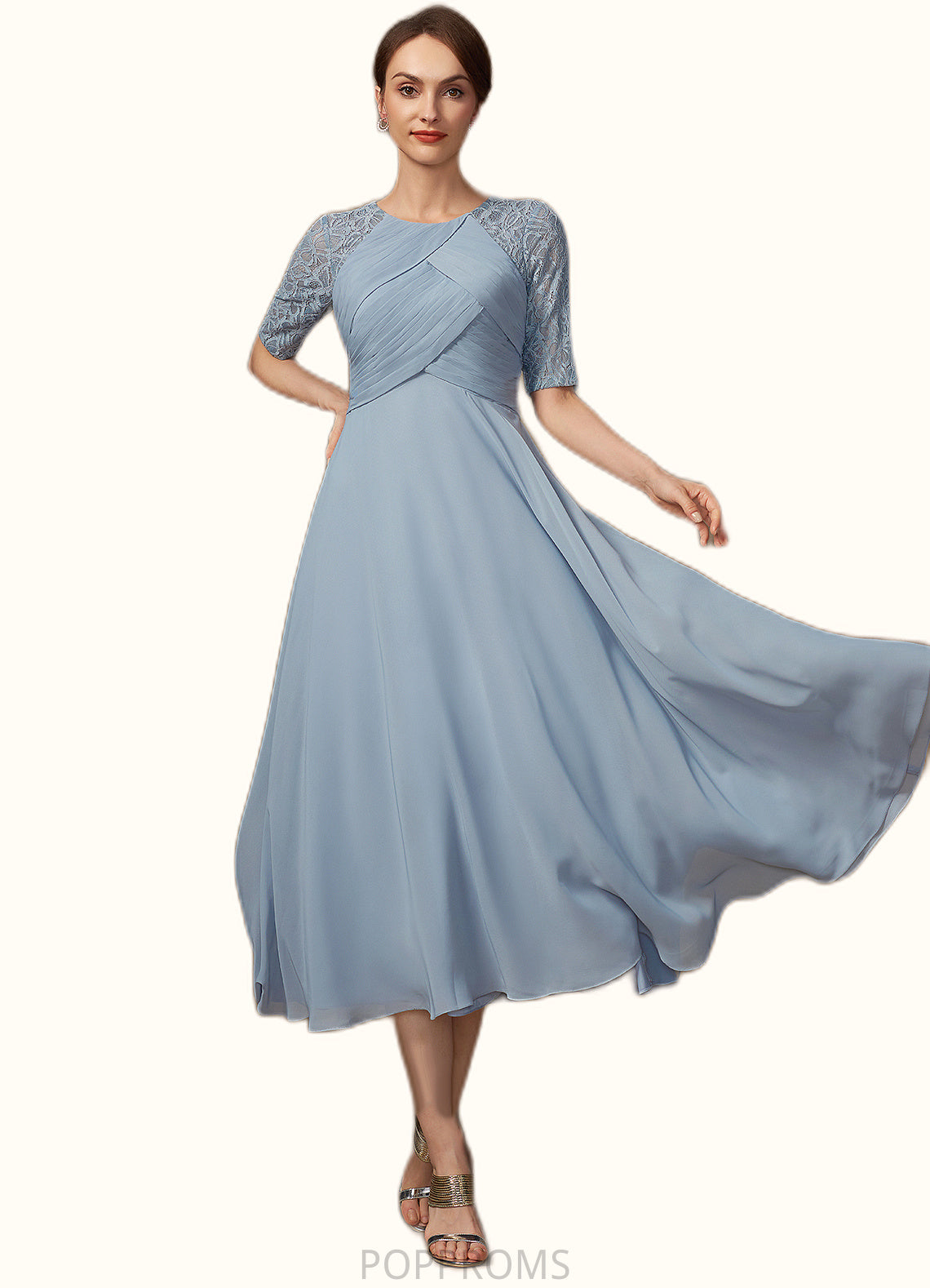 Shyla A-Line Scoop Neck Tea-Length Chiffon Lace Mother of the Bride Dress With Ruffle PP6126P0014616