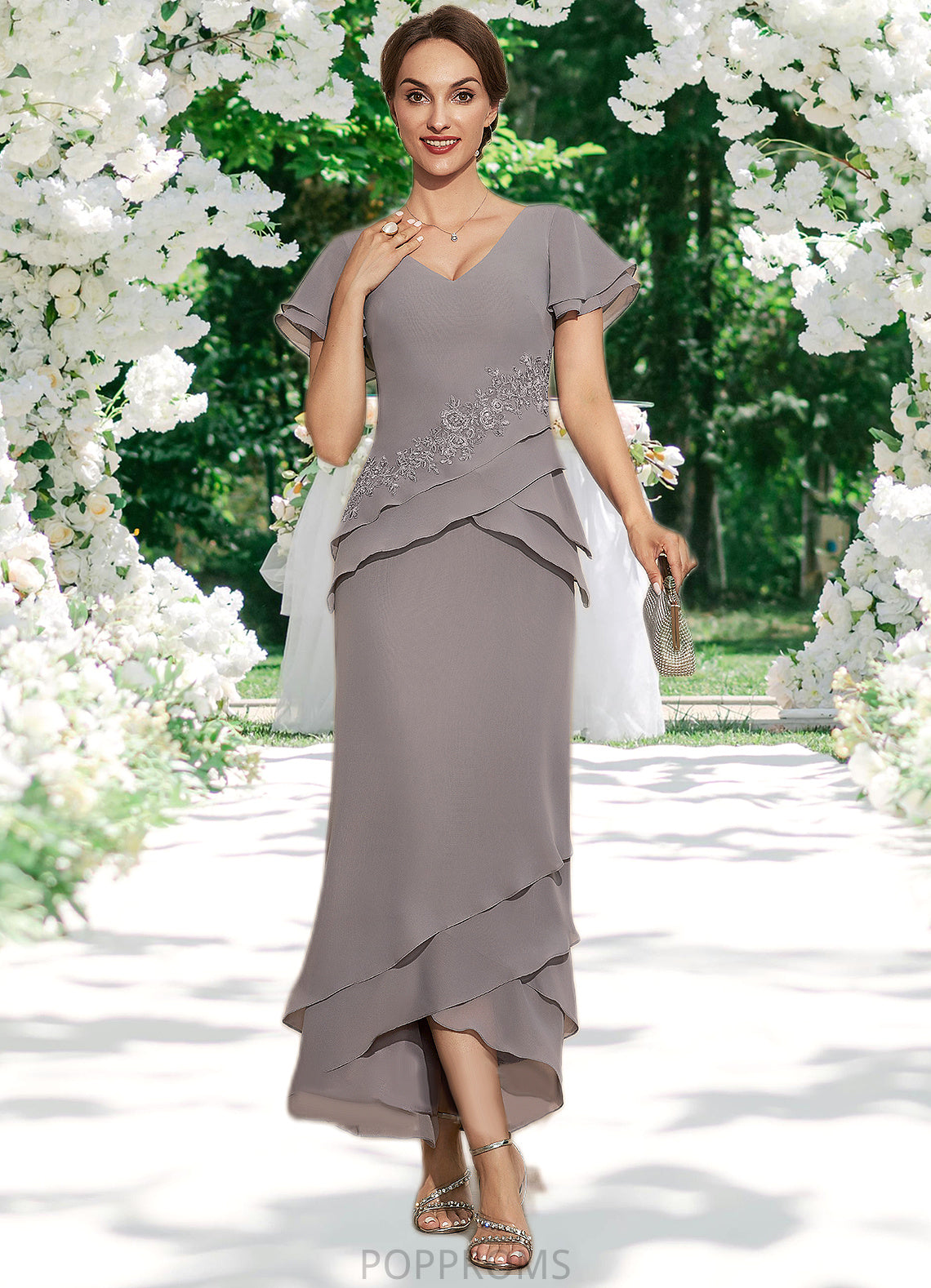 Renata Sheath/Column V-neck Asymmetrical Chiffon Mother of the Bride Dress With Appliques Lace Cascading Ruffles PP6126P0014617