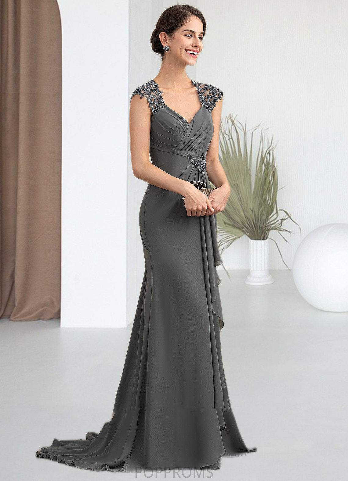 Riley A-Line Sweetheart Sweep Train Chiffon Lace Mother of the Bride Dress With Beading Sequins PP6126P0014618