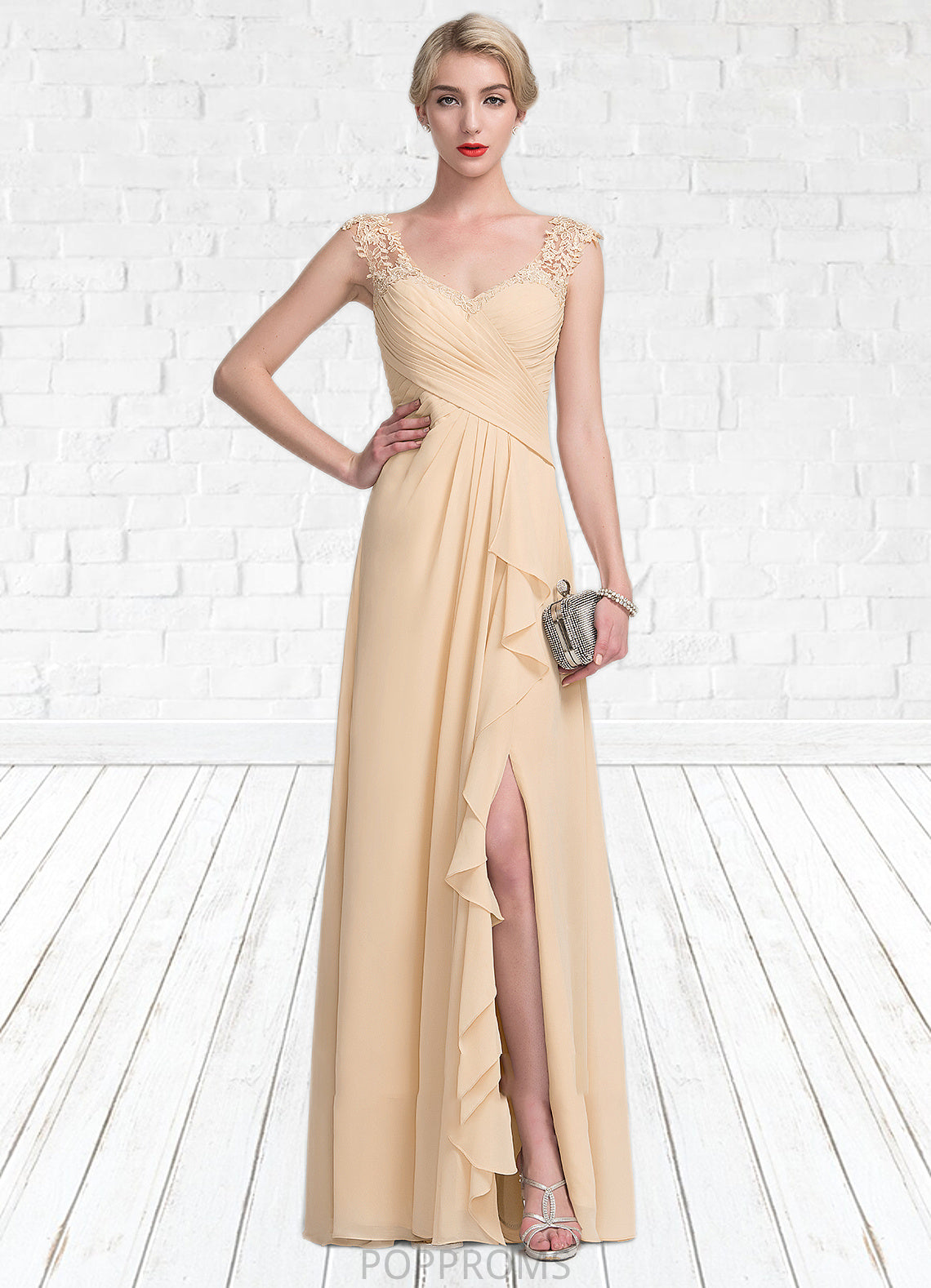 Lexi A-Line V-neck Floor-Length Chiffon Lace Mother of the Bride Dress With Split Front Cascading Ruffles PP6126P0014619