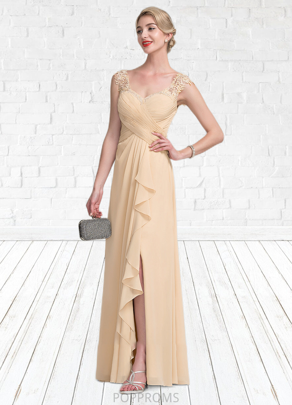 Lexi A-Line V-neck Floor-Length Chiffon Lace Mother of the Bride Dress With Split Front Cascading Ruffles PP6126P0014619