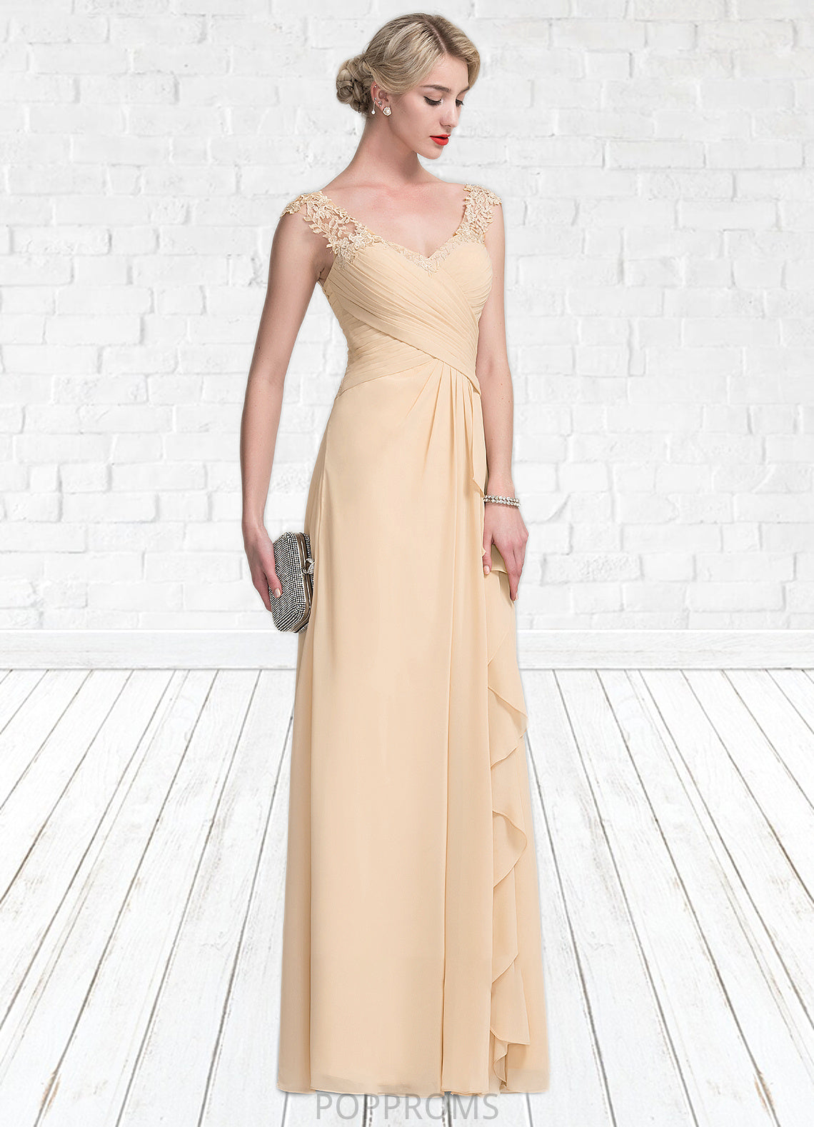 Lexi A-Line V-neck Floor-Length Chiffon Lace Mother of the Bride Dress With Split Front Cascading Ruffles PP6126P0014619