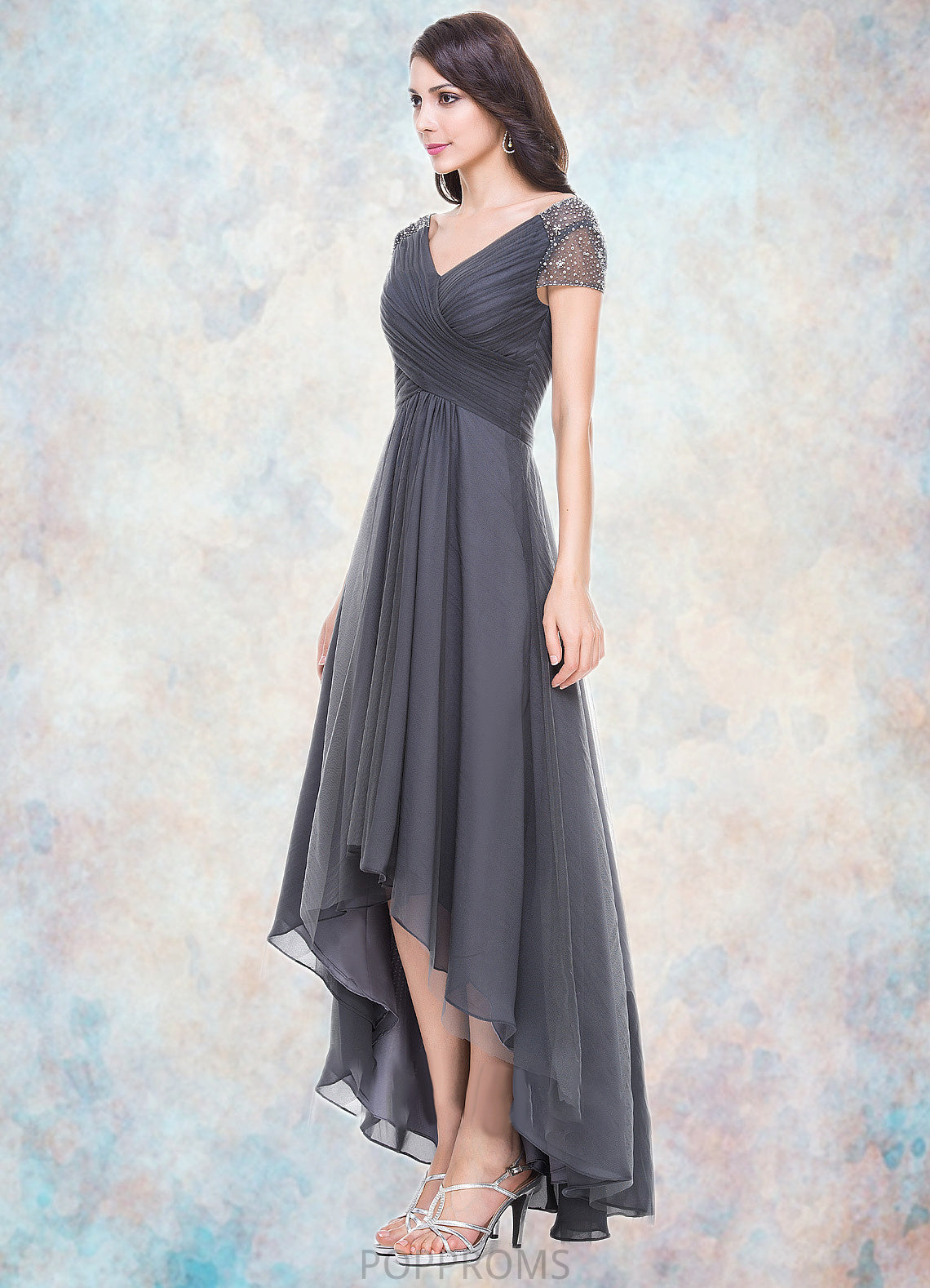 Nia A-Line V-neck Asymmetrical Tulle Mother of the Bride Dress With Ruffle Beading Sequins PP6126P0014620