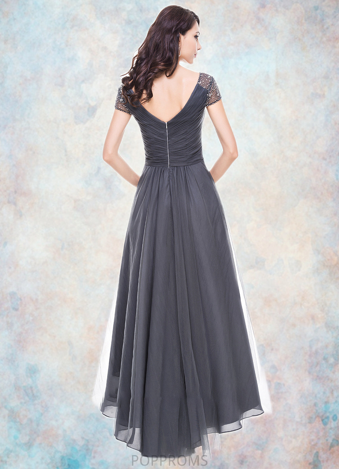 Nia A-Line V-neck Asymmetrical Tulle Mother of the Bride Dress With Ruffle Beading Sequins PP6126P0014620