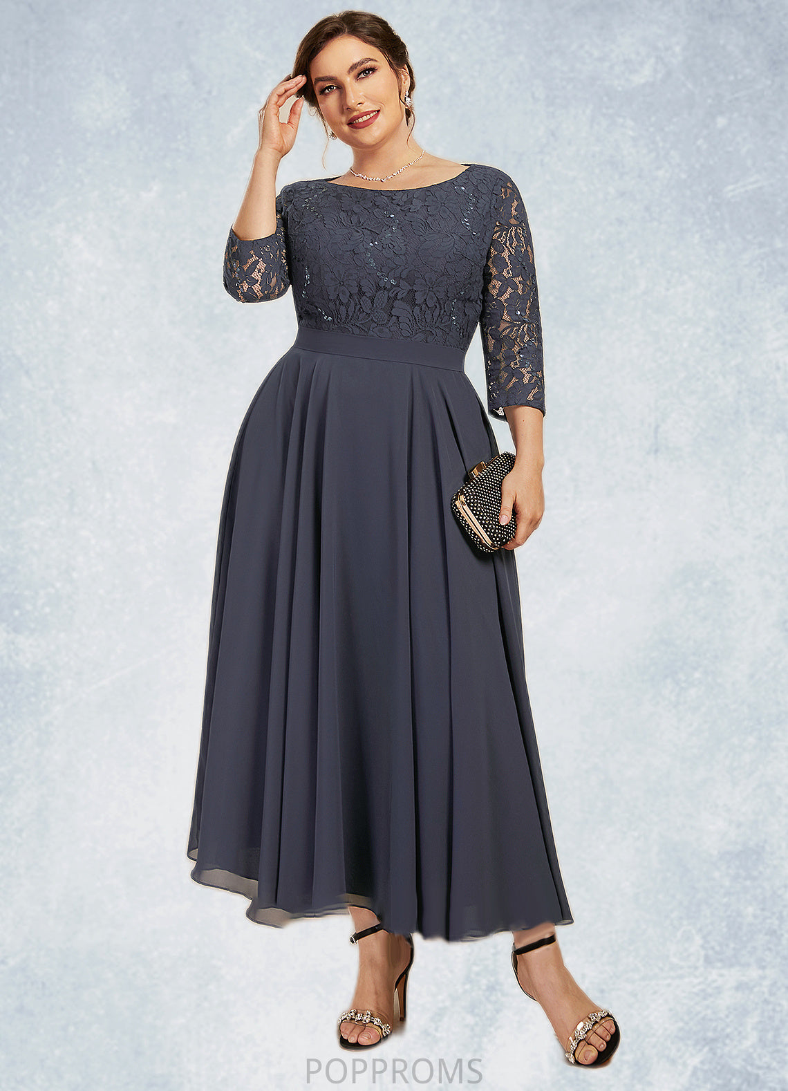 Glenda A-Line Scoop Neck Tea-Length Chiffon Lace Mother of the Bride Dress With Sequins PP6126P0014621