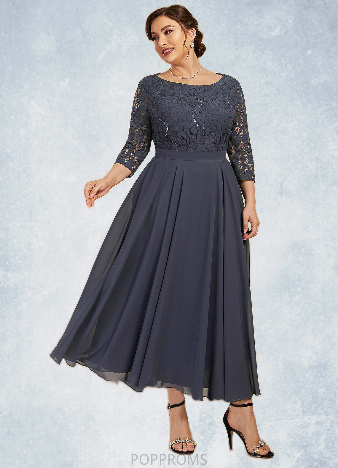 Glenda A-Line Scoop Neck Tea-Length Chiffon Lace Mother of the Bride Dress With Sequins PP6126P0014621