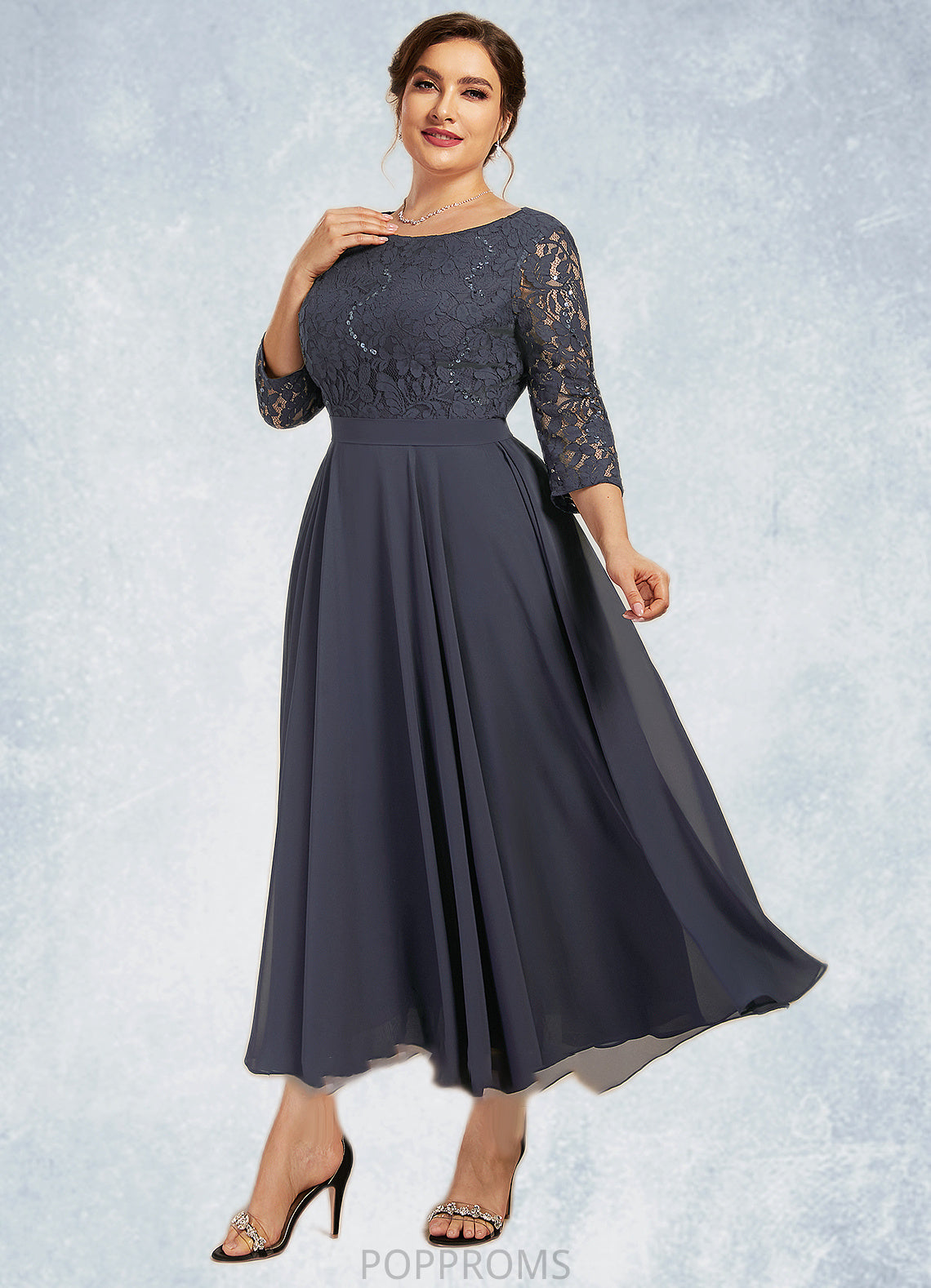 Glenda A-Line Scoop Neck Tea-Length Chiffon Lace Mother of the Bride Dress With Sequins PP6126P0014621