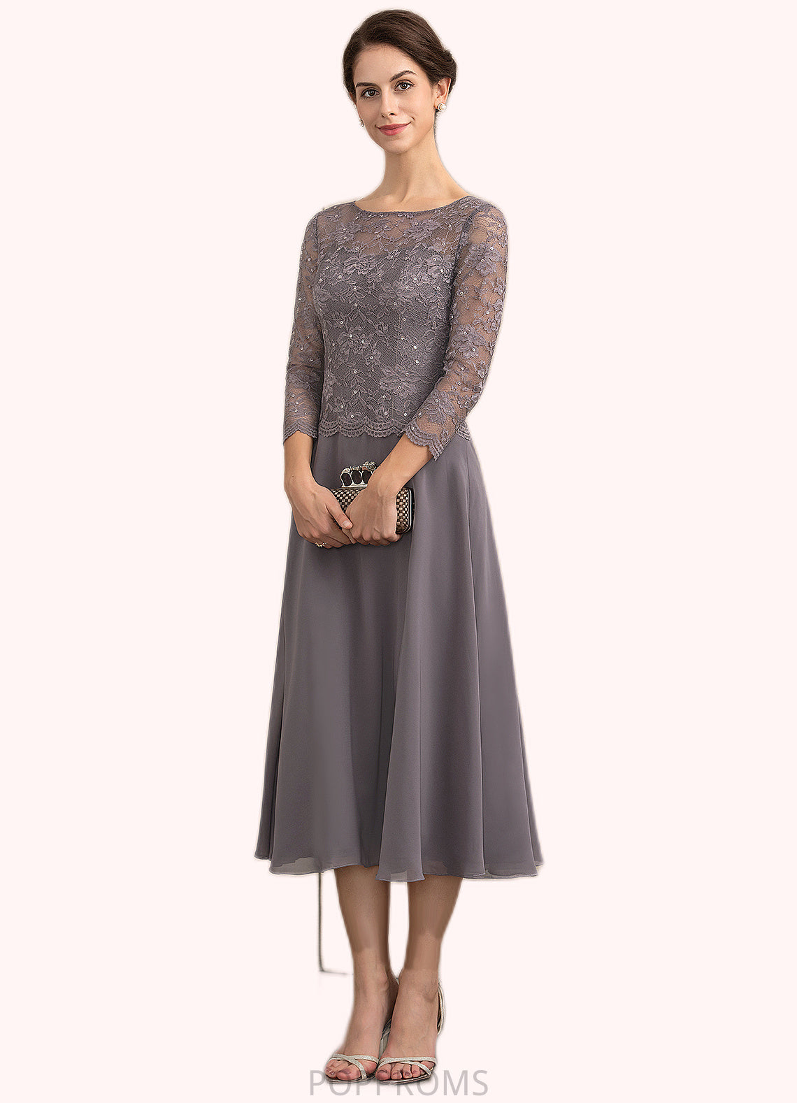 Martha A-Line Scoop Neck Tea-Length Chiffon Lace Mother of the Bride Dress With Sequins PP6126P0014622