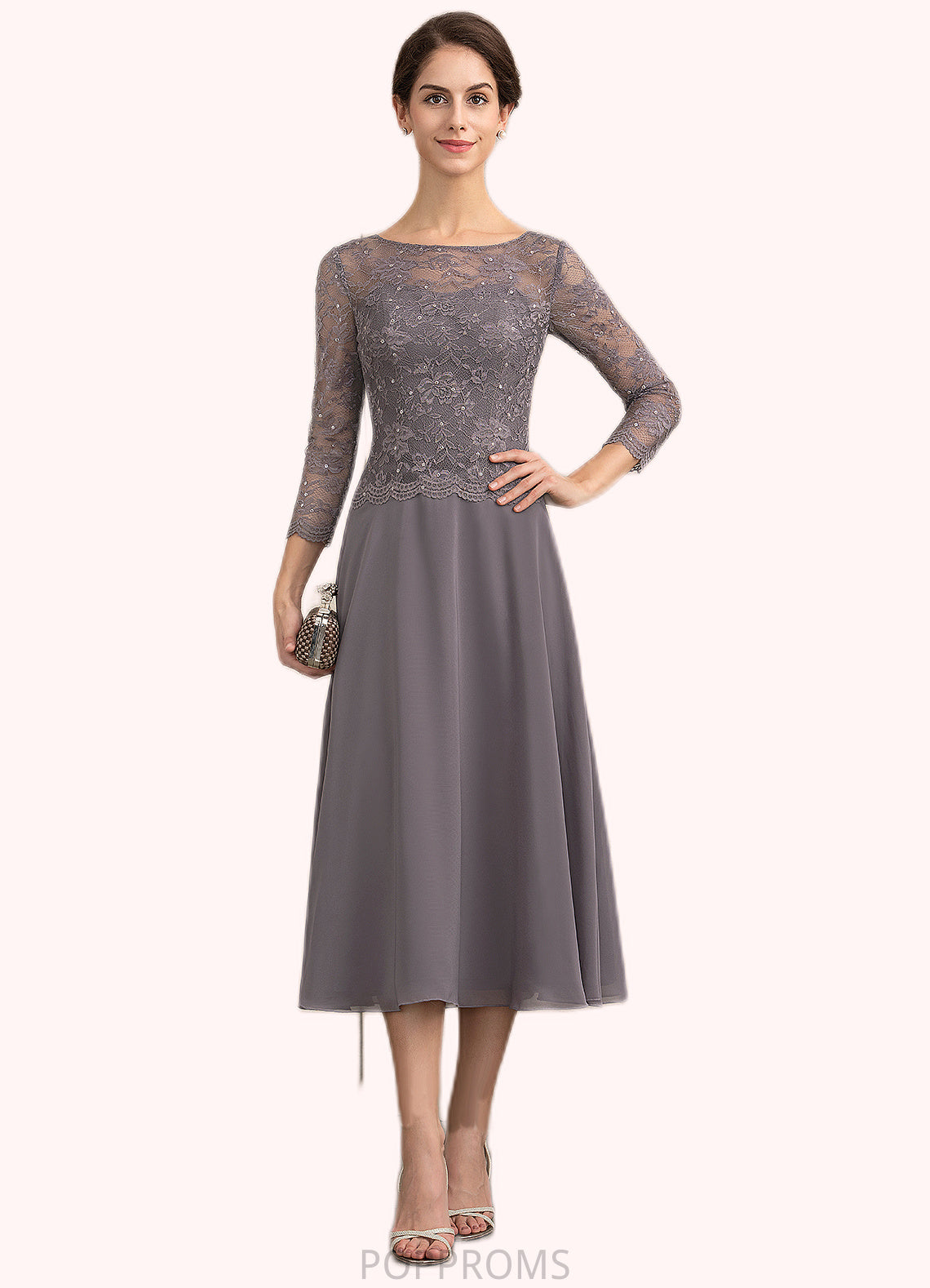 Martha A-Line Scoop Neck Tea-Length Chiffon Lace Mother of the Bride Dress With Sequins PP6126P0014622