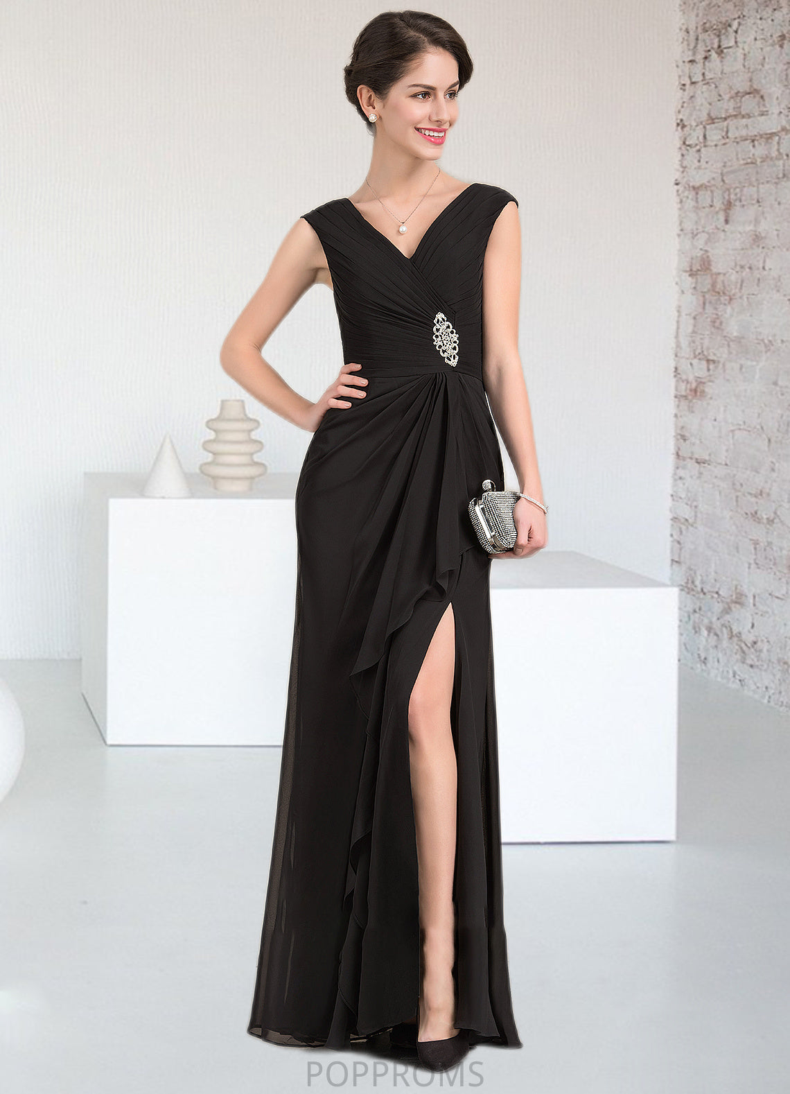 Alexus A-Line V-neck Floor-Length Chiffon Mother of the Bride Dress With Beading Split Front Cascading Ruffles PP6126P0014623