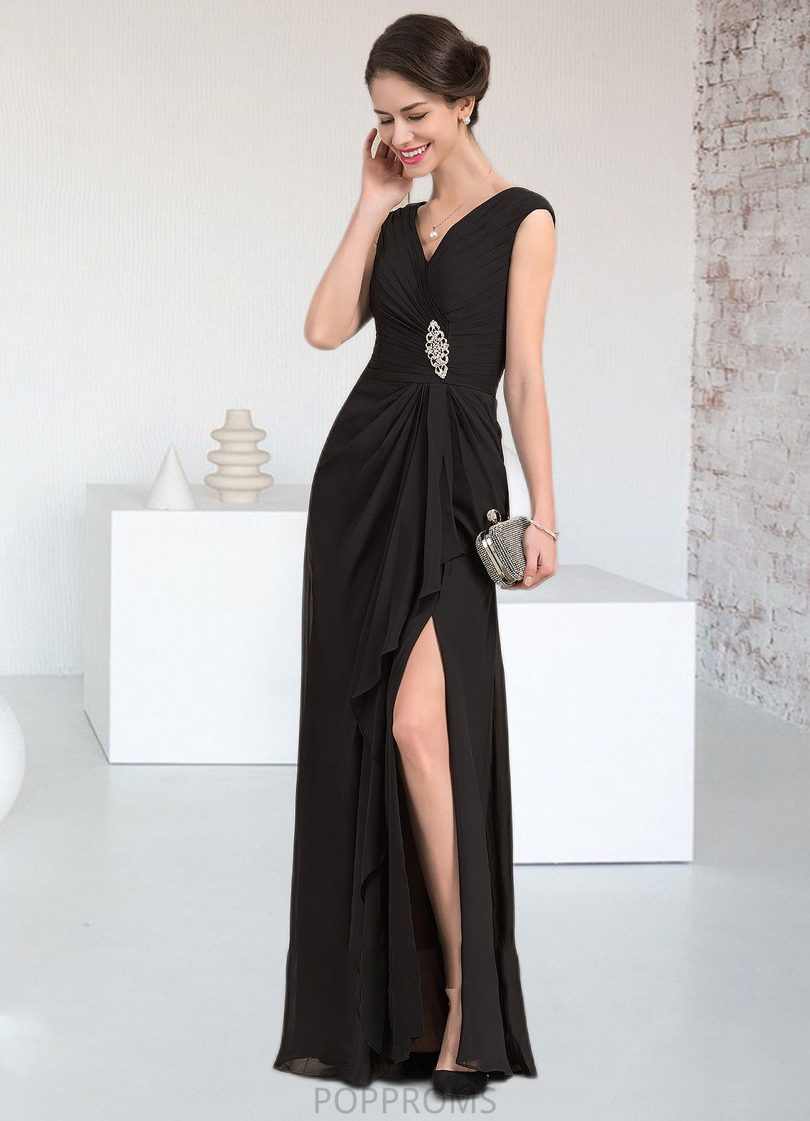 Alexus A-Line V-neck Floor-Length Chiffon Mother of the Bride Dress With Beading Split Front Cascading Ruffles PP6126P0014623