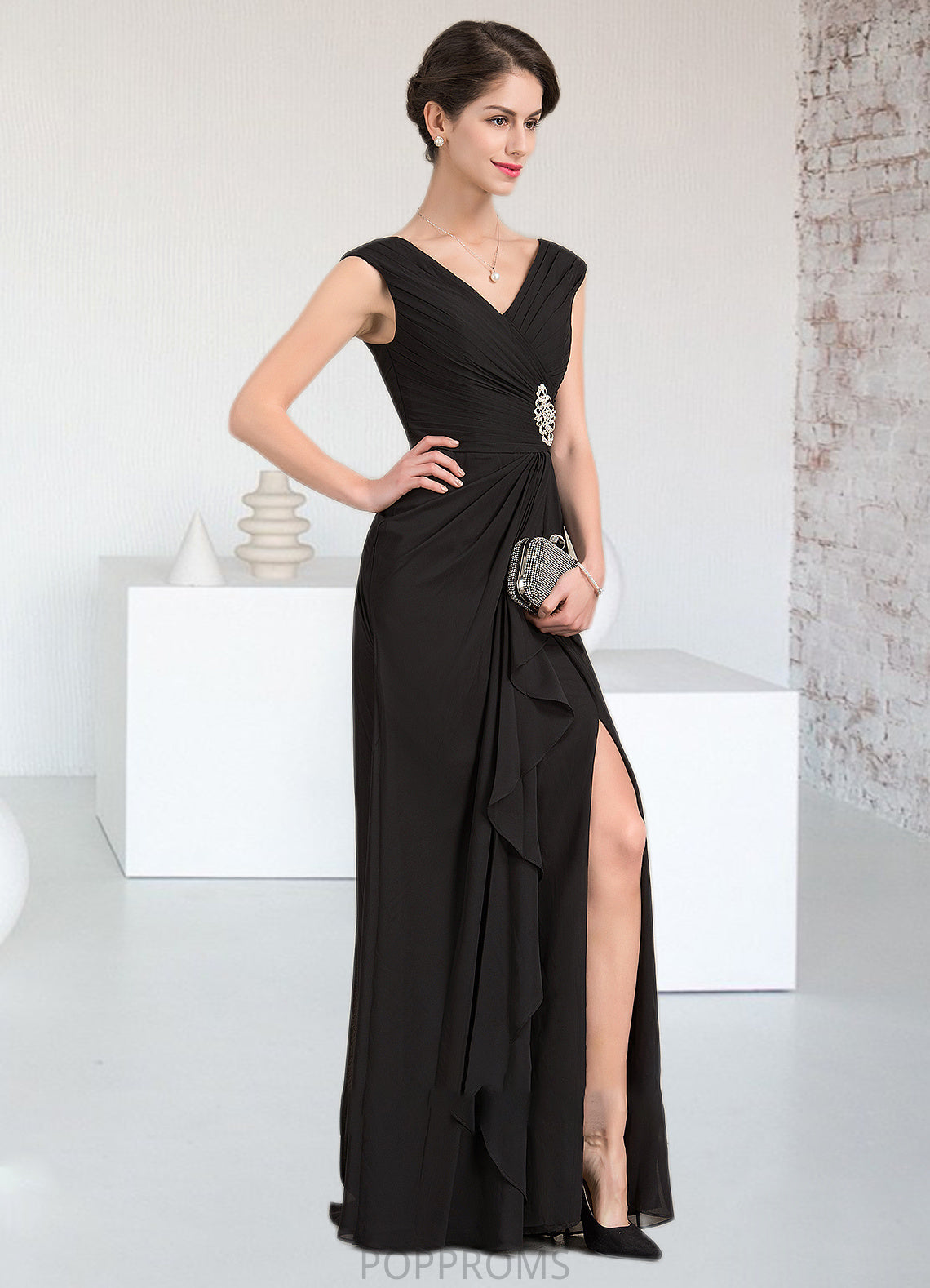 Alexus A-Line V-neck Floor-Length Chiffon Mother of the Bride Dress With Beading Split Front Cascading Ruffles PP6126P0014623