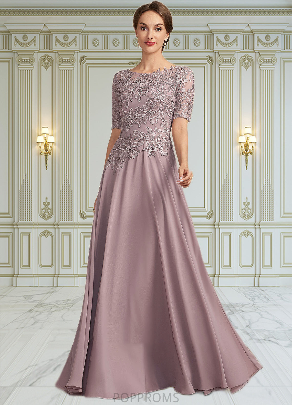 Savannah A-Line Scoop Neck Floor-Length Chiffon Lace Mother of the Bride Dress PP6126P0014628