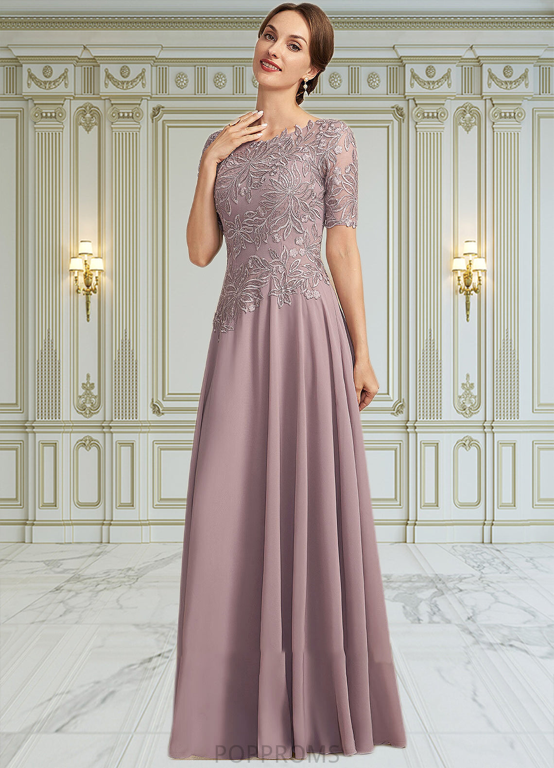 Savannah A-Line Scoop Neck Floor-Length Chiffon Lace Mother of the Bride Dress PP6126P0014628