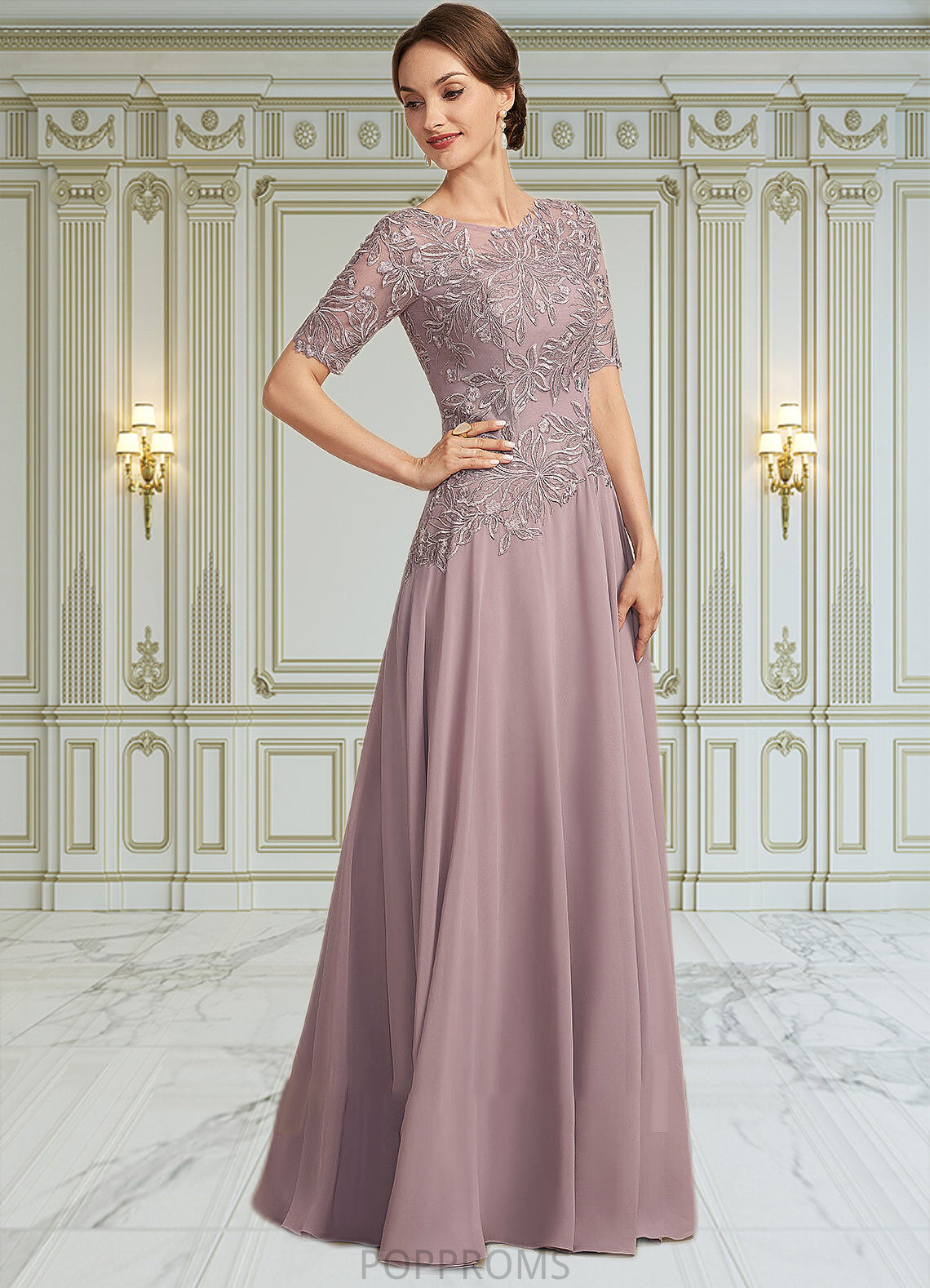 Savannah A-Line Scoop Neck Floor-Length Chiffon Lace Mother of the Bride Dress PP6126P0014628