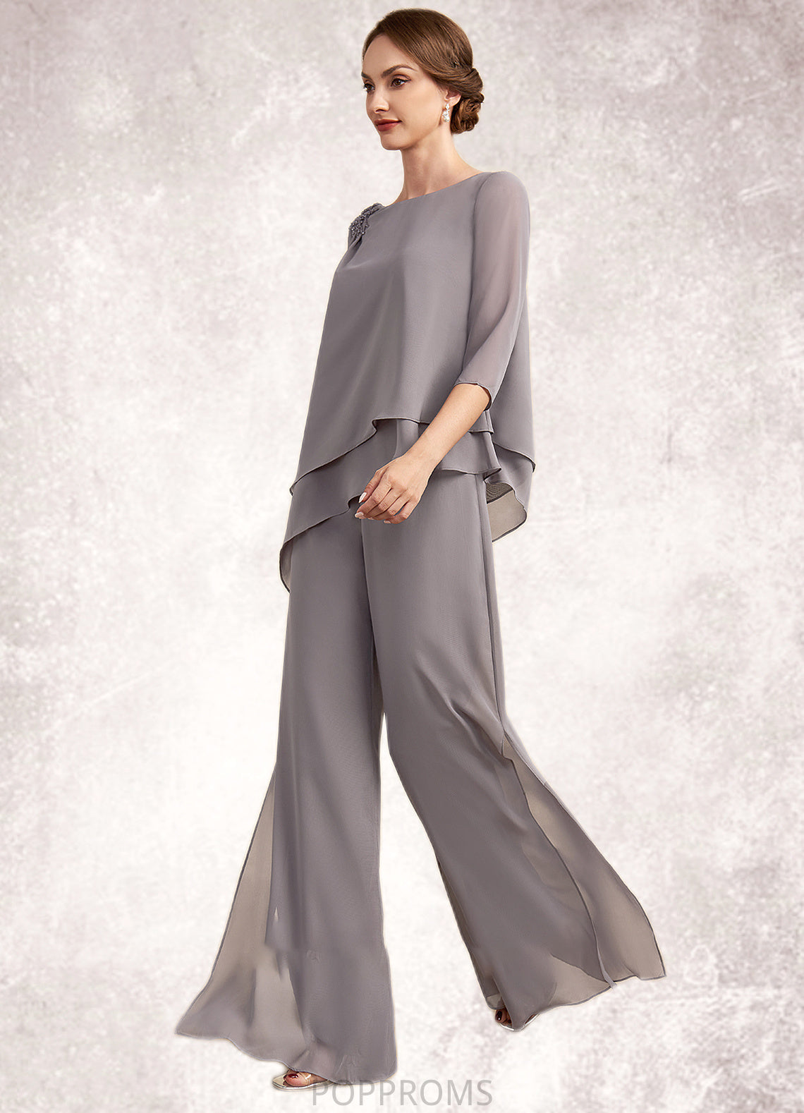 Anna Jumpsuit/Pantsuit Scoop Neck Floor-Length Chiffon Mother of the Bride Dress With Beading PP6126P0014630