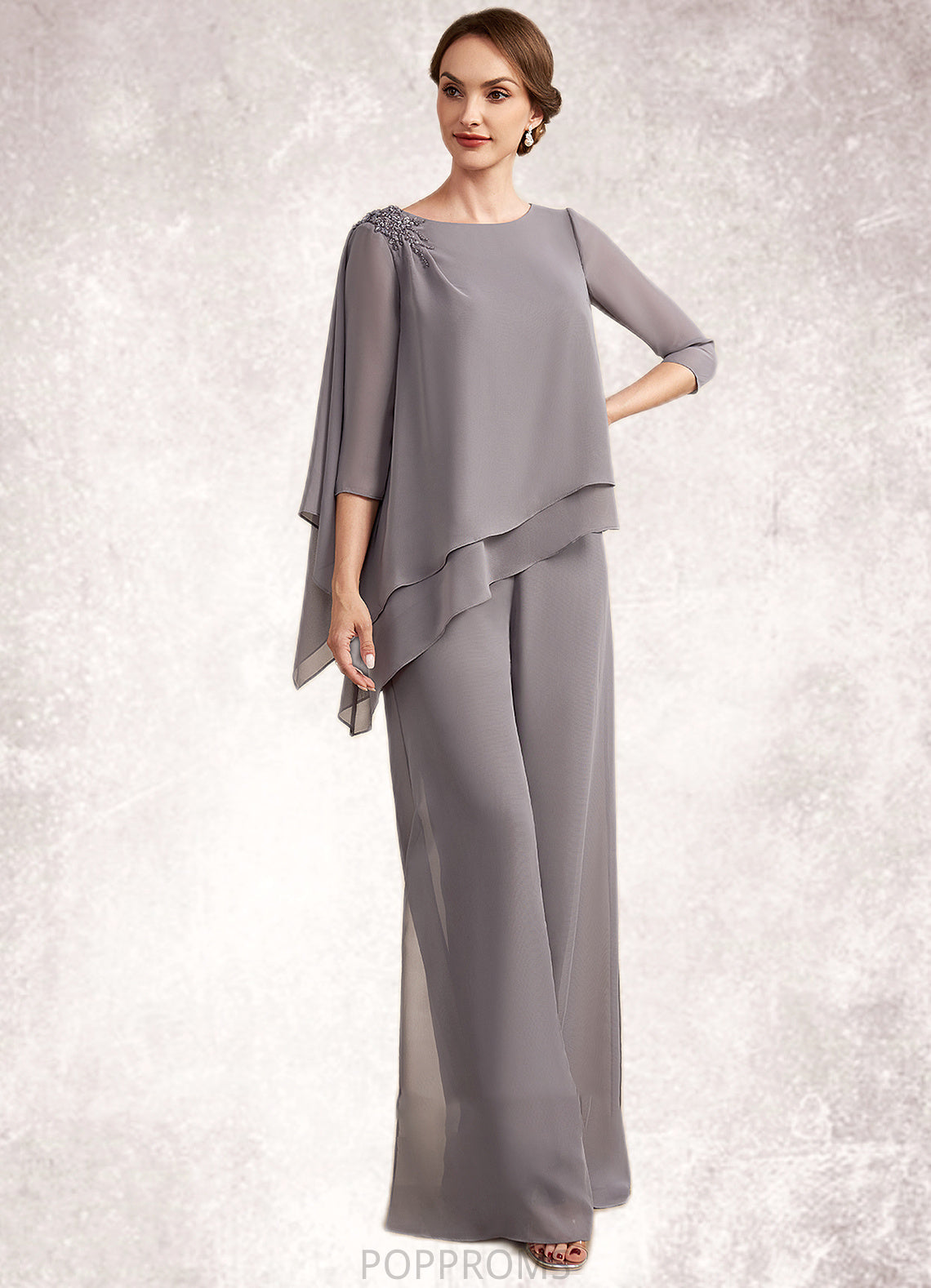 Anna Jumpsuit/Pantsuit Scoop Neck Floor-Length Chiffon Mother of the Bride Dress With Beading PP6126P0014630