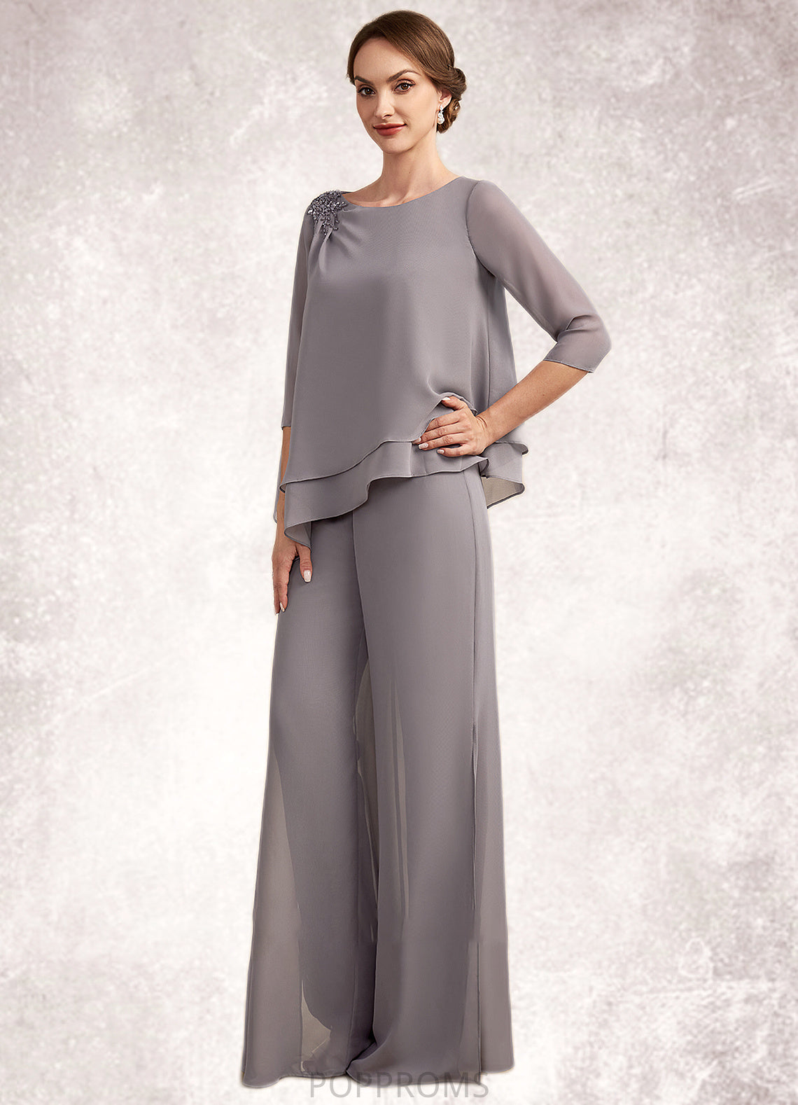 Anna Jumpsuit/Pantsuit Scoop Neck Floor-Length Chiffon Mother of the Bride Dress With Beading PP6126P0014630