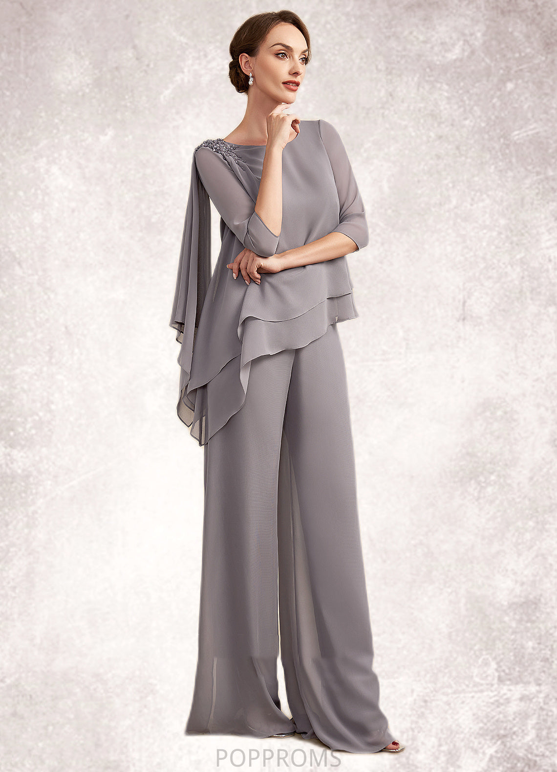 Anna Jumpsuit/Pantsuit Scoop Neck Floor-Length Chiffon Mother of the Bride Dress With Beading PP6126P0014630