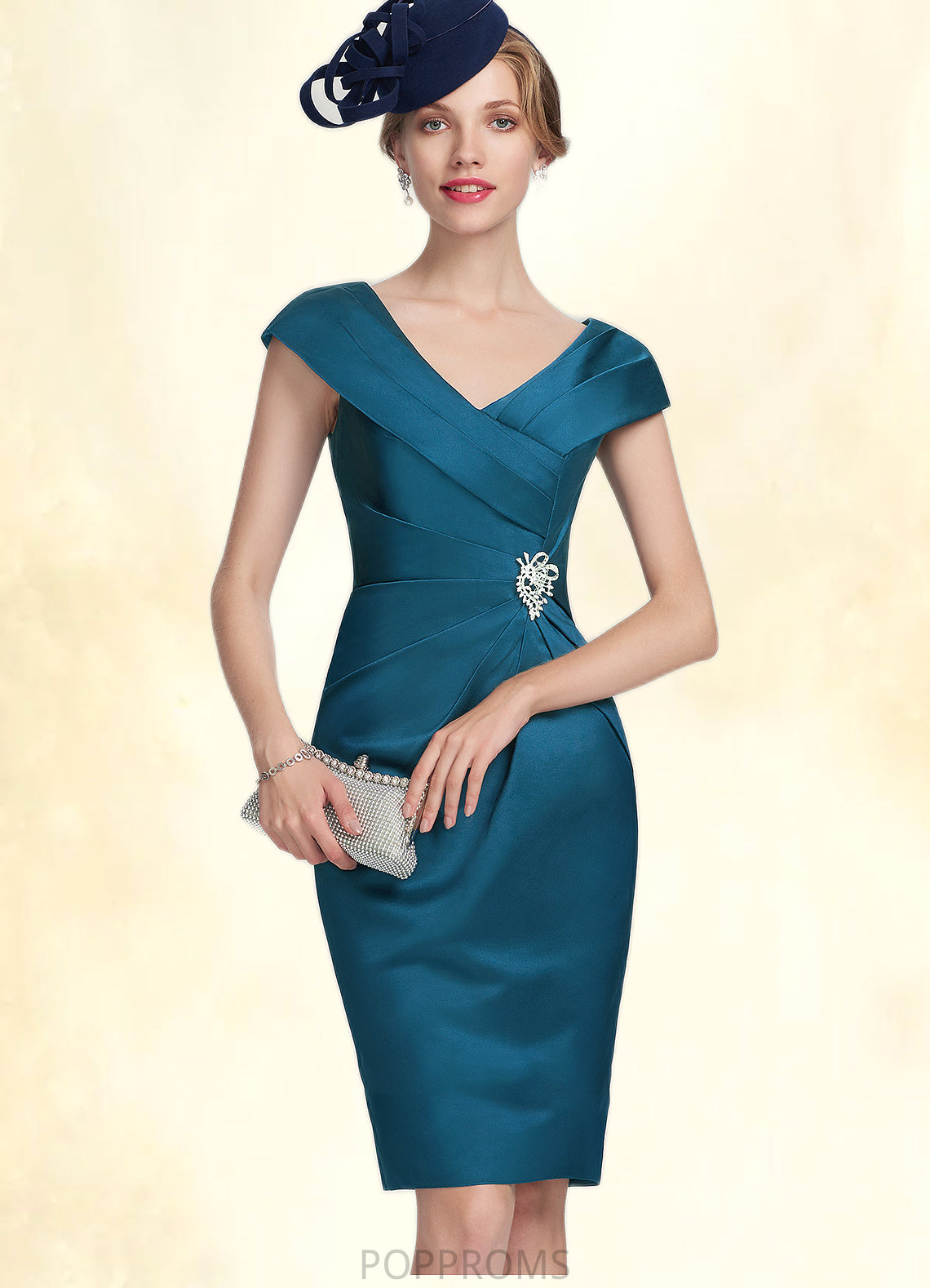 Lucy Sheath/Column V-neck Knee-Length Satin Mother of the Bride Dress With Ruffle Beading PP6126P0014631