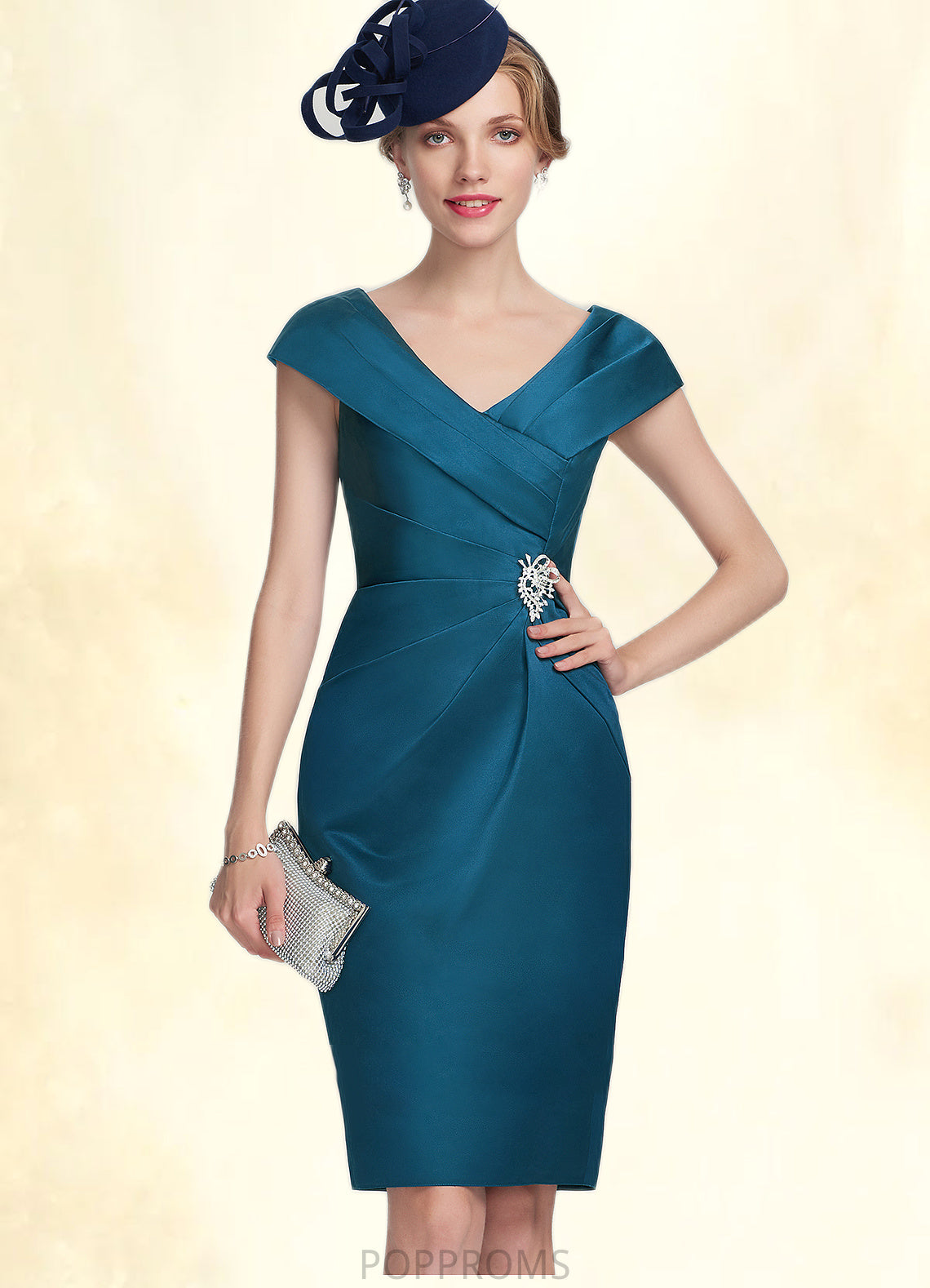 Lucy Sheath/Column V-neck Knee-Length Satin Mother of the Bride Dress With Ruffle Beading PP6126P0014631