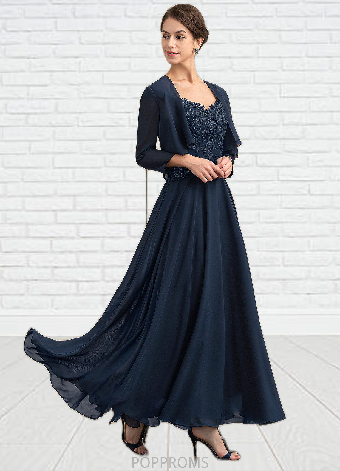 Delilah A-line V-Neck Ankle-Length Chiffon Lace Mother of the Bride Dress With Sequins PP6126P0014637