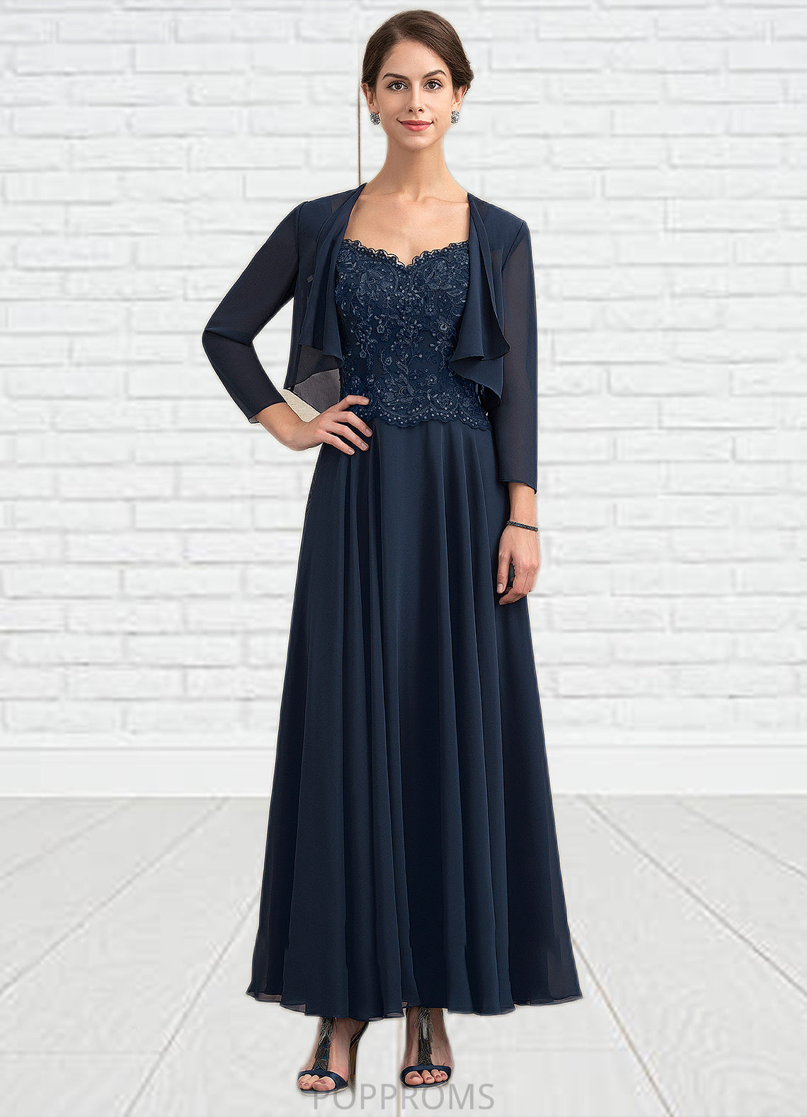 Delilah A-line V-Neck Ankle-Length Chiffon Lace Mother of the Bride Dress With Sequins PP6126P0014637