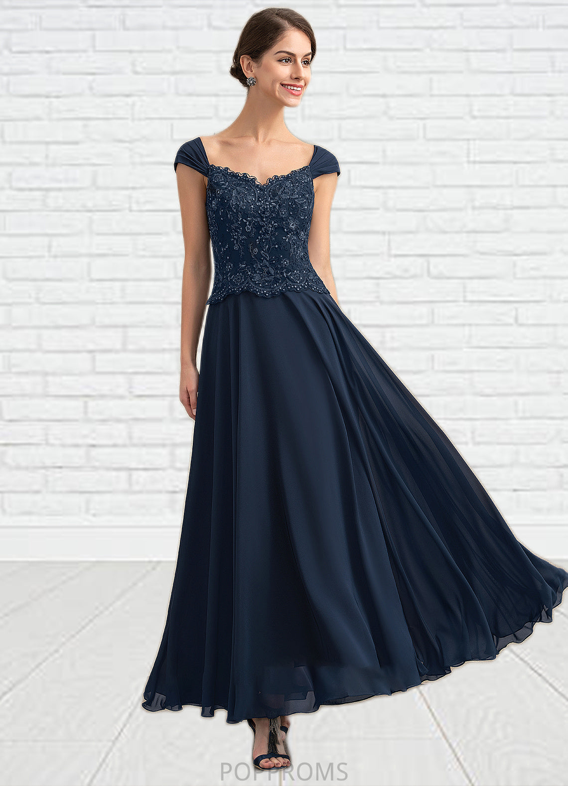 Delilah A-line V-Neck Ankle-Length Chiffon Lace Mother of the Bride Dress With Sequins PP6126P0014637