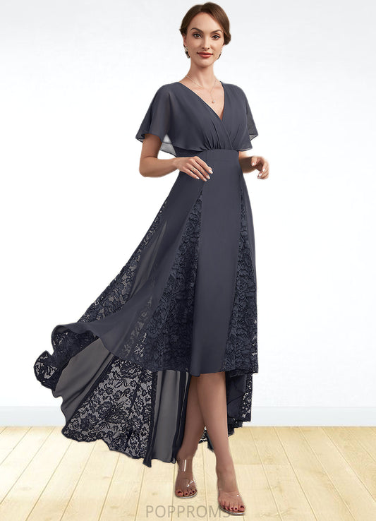 Jaiden A-Line V-neck Asymmetrical Chiffon Lace Mother of the Bride Dress With Ruffle PP6126P0014638