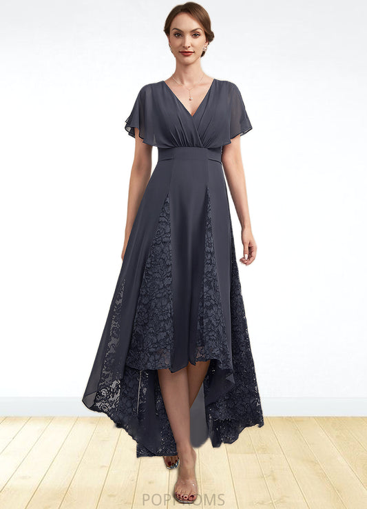 Jaiden A-Line V-neck Asymmetrical Chiffon Lace Mother of the Bride Dress With Ruffle PP6126P0014638