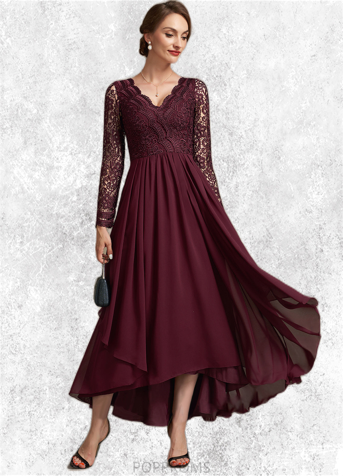 Nora A-line V-Neck Asymmetrical Chiffon Lace Mother of the Bride Dress PP6126P0014640