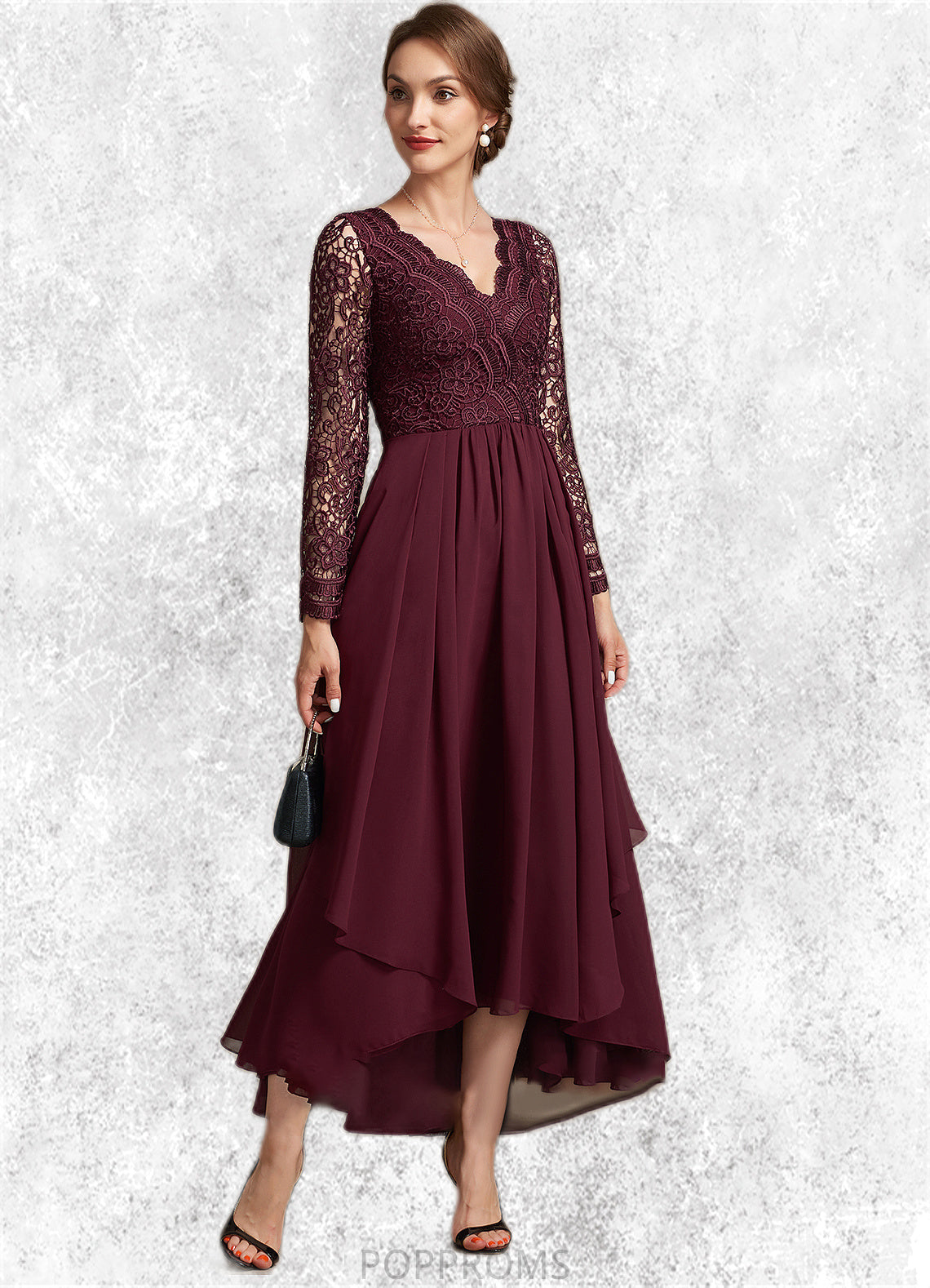 Nora A-line V-Neck Asymmetrical Chiffon Lace Mother of the Bride Dress PP6126P0014640