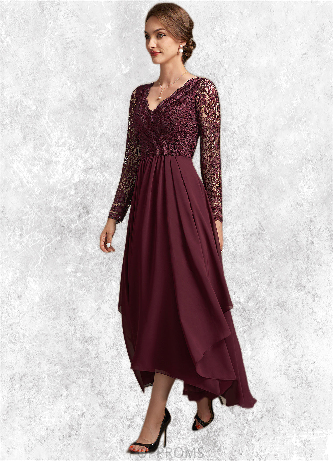 Nora A-line V-Neck Asymmetrical Chiffon Lace Mother of the Bride Dress PP6126P0014640