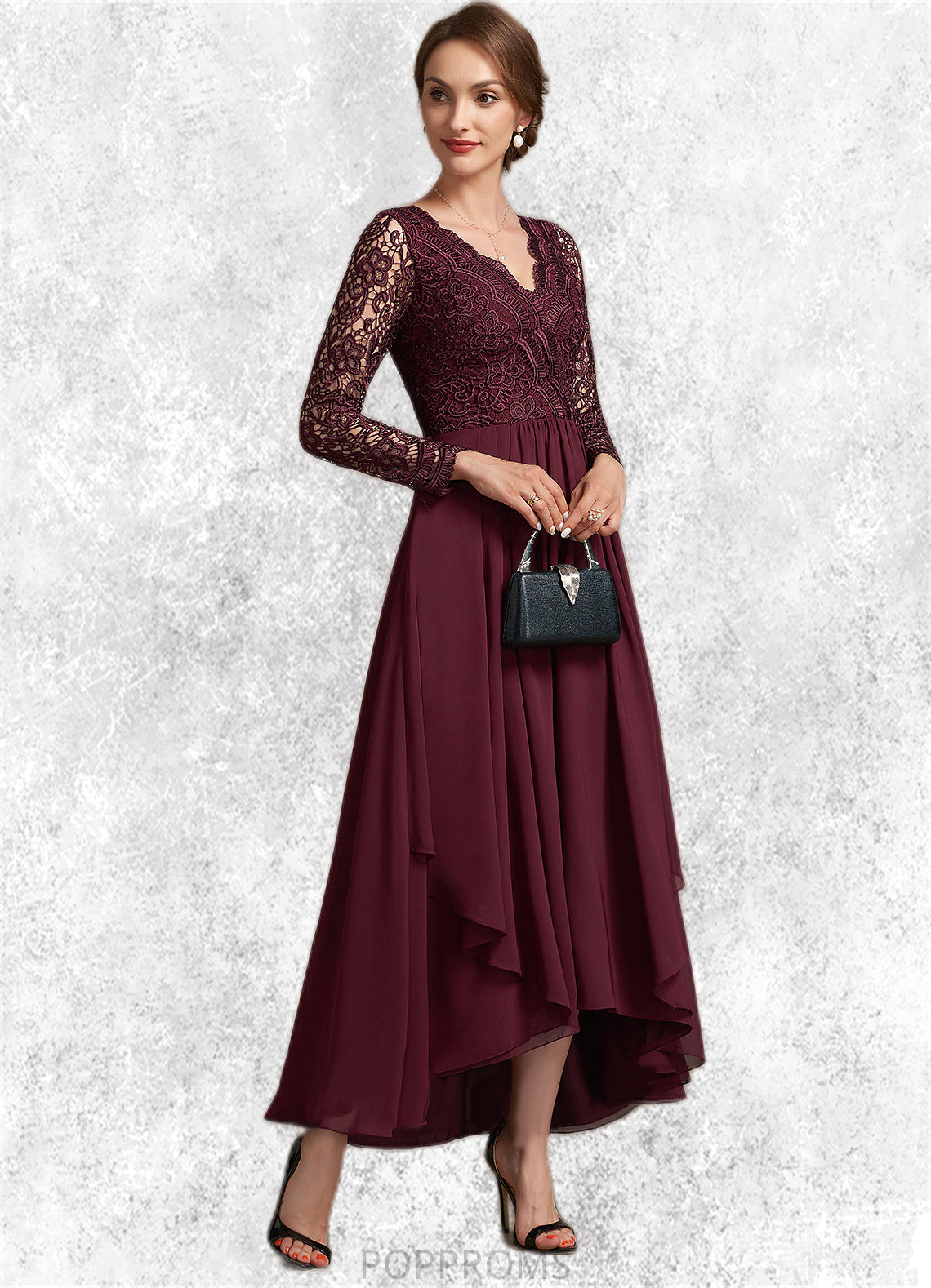 Nora A-line V-Neck Asymmetrical Chiffon Lace Mother of the Bride Dress PP6126P0014640