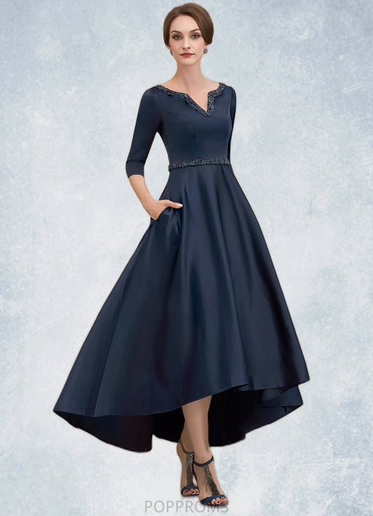 Carly A-Line V-neck Asymmetrical Satin Mother of the Bride Dress With Beading Sequins Pockets PP6126P0014641