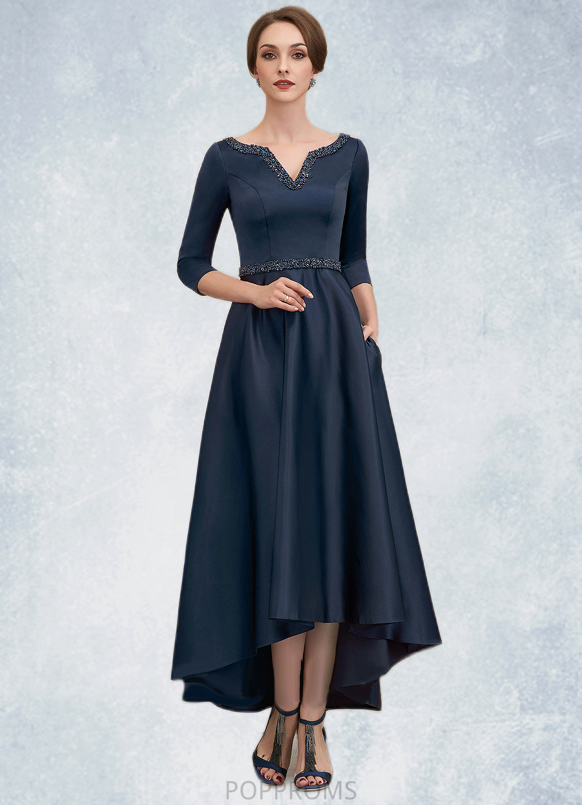 Carly A-Line V-neck Asymmetrical Satin Mother of the Bride Dress With Beading Sequins Pockets PP6126P0014641