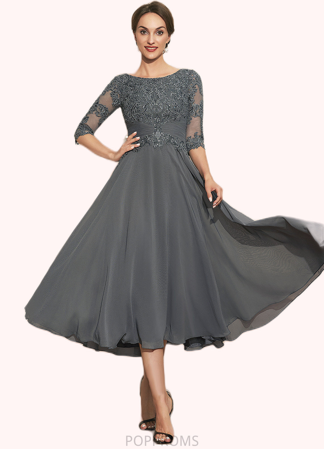 Gemma A-Line Scoop Neck Tea-Length Chiffon Lace Mother of the Bride Dress With Sequins PP6126P0014642