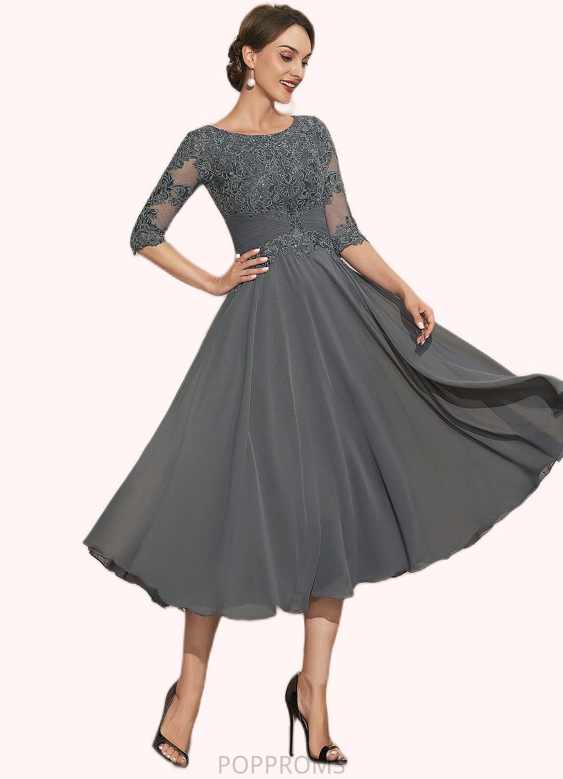 Gemma A-Line Scoop Neck Tea-Length Chiffon Lace Mother of the Bride Dress With Sequins PP6126P0014642