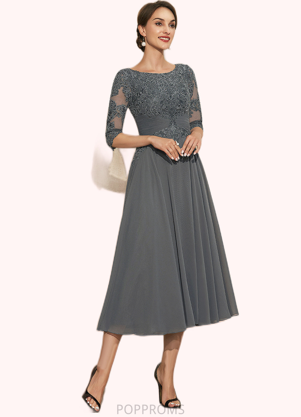 Gemma A-Line Scoop Neck Tea-Length Chiffon Lace Mother of the Bride Dress With Sequins PP6126P0014642