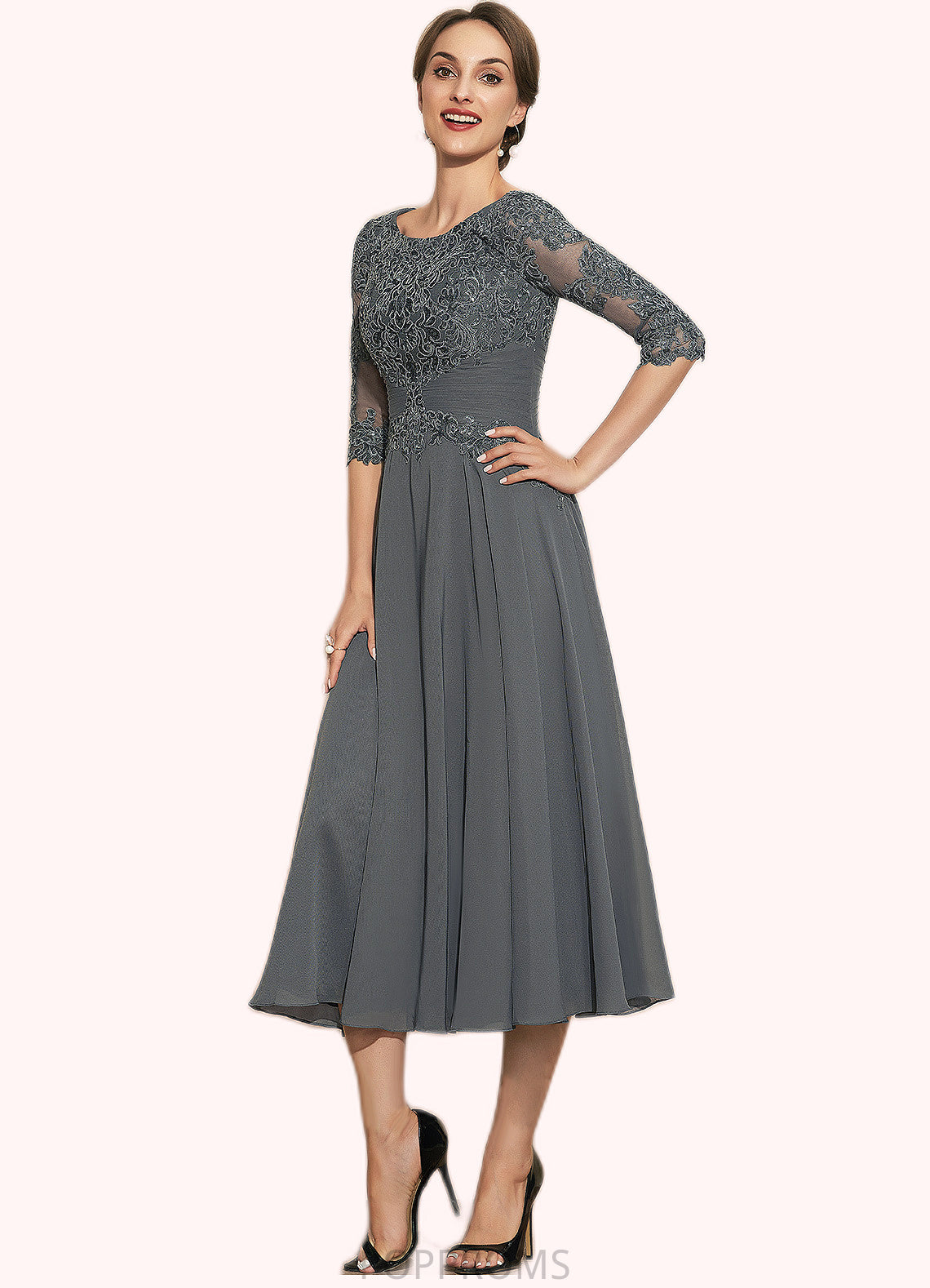 Gemma A-Line Scoop Neck Tea-Length Chiffon Lace Mother of the Bride Dress With Sequins PP6126P0014642