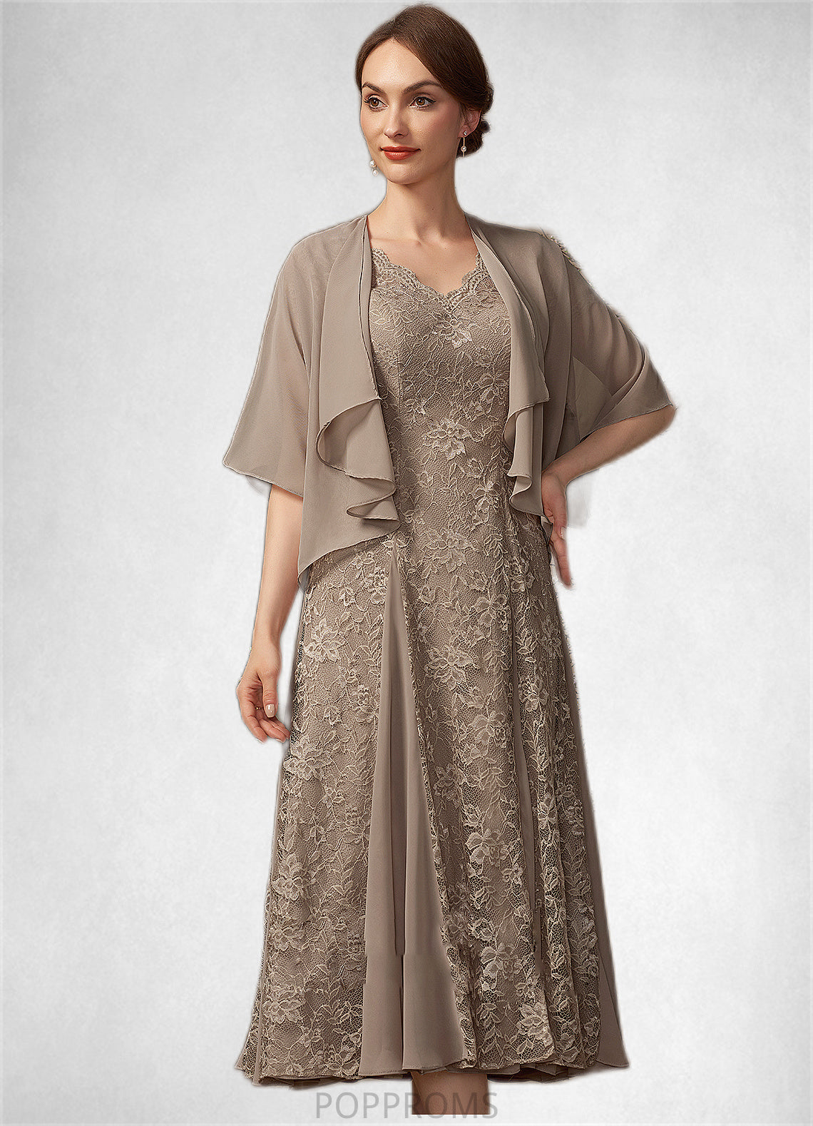 Milagros A-line V-Neck Tea-Length Chiffon Lace Mother of the Bride Dress PP6126P0014644