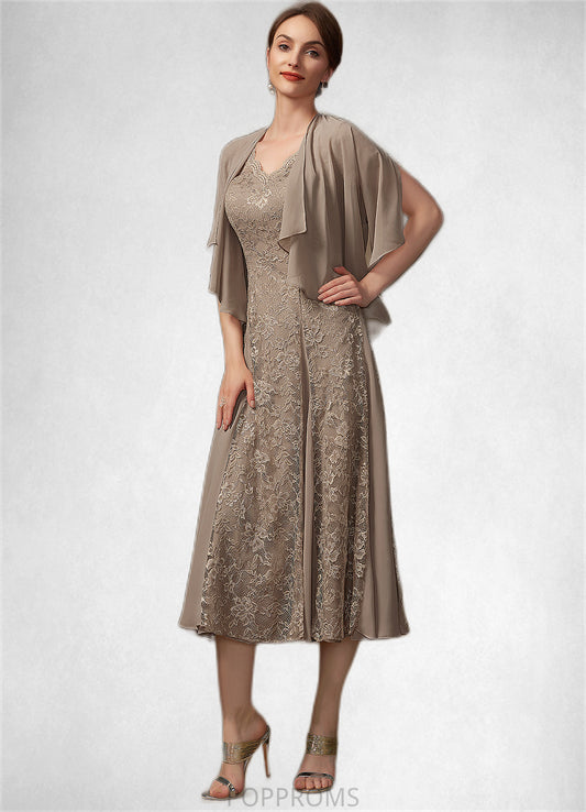 Milagros A-line V-Neck Tea-Length Chiffon Lace Mother of the Bride Dress PP6126P0014644