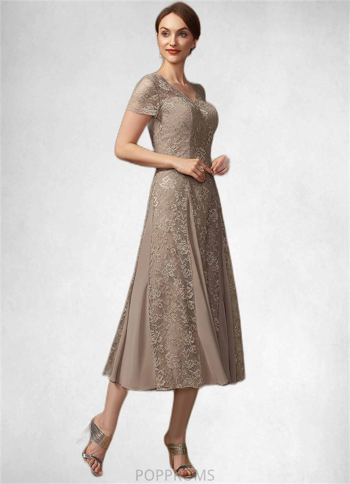 Milagros A-line V-Neck Tea-Length Chiffon Lace Mother of the Bride Dress PP6126P0014644