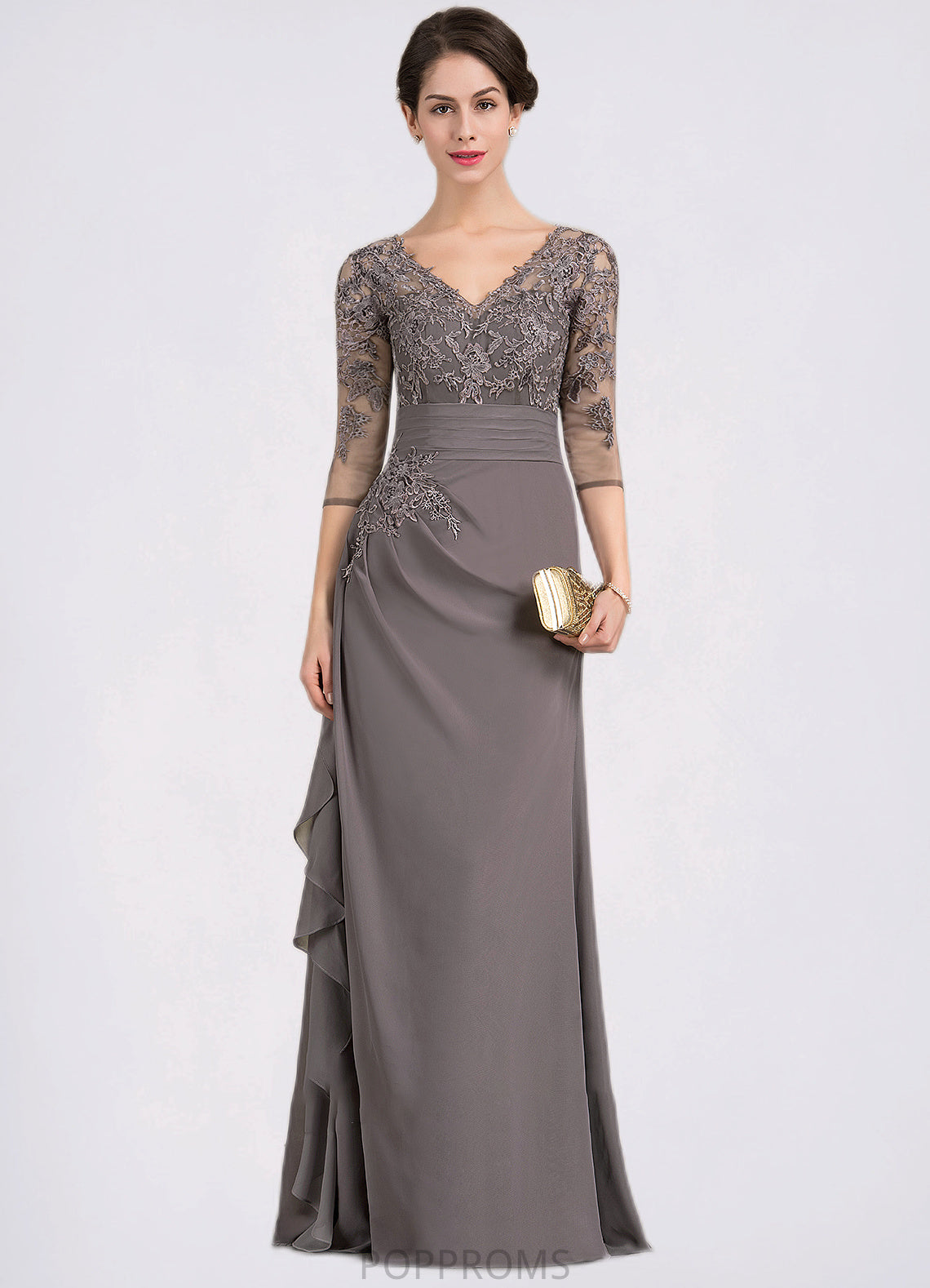 Hope A-line V-Neck Floor-Length Chiffon Lace Mother of the Bride Dress With Cascading Ruffles PP6126P0014645