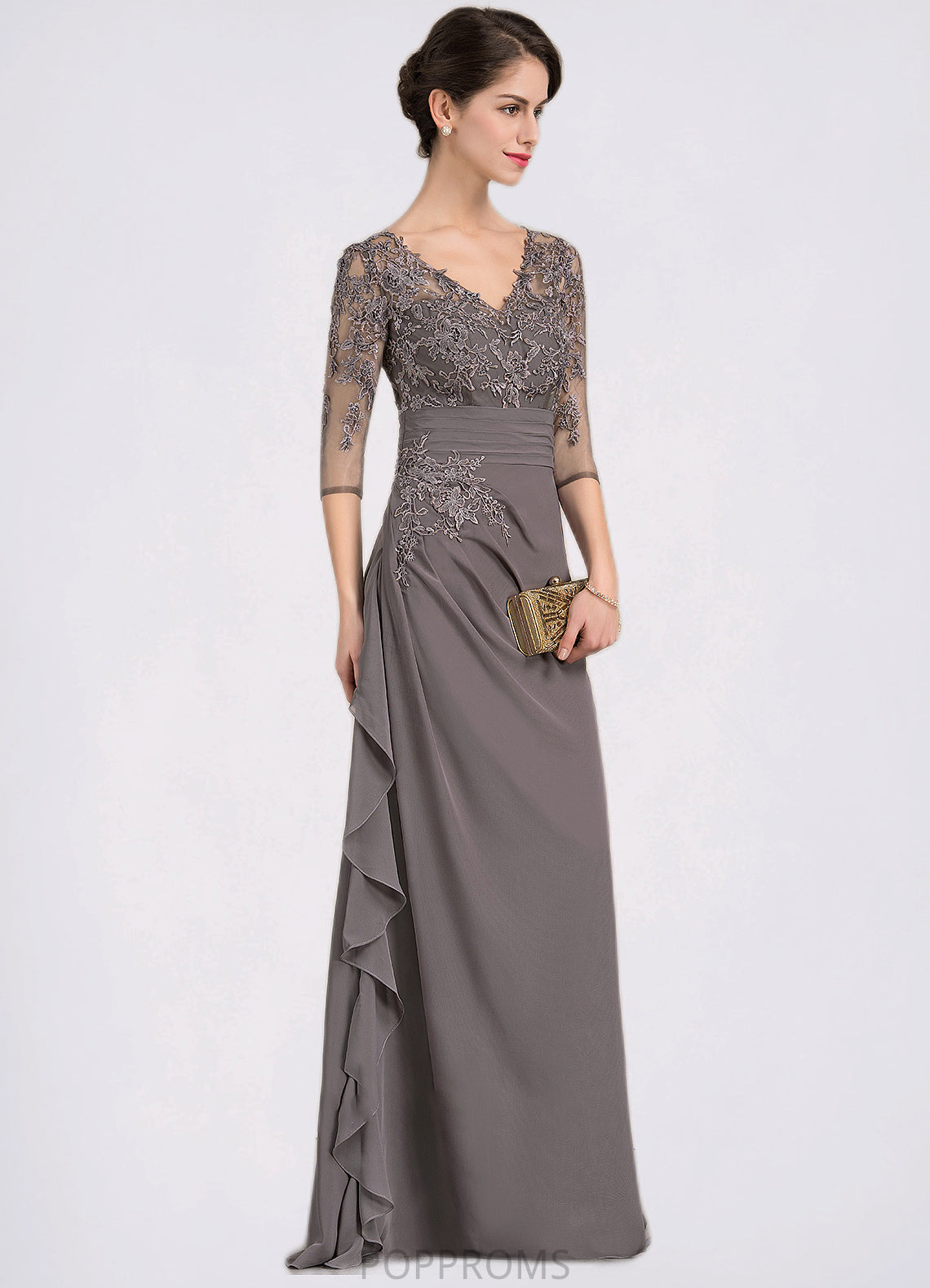 Hope A-line V-Neck Floor-Length Chiffon Lace Mother of the Bride Dress With Cascading Ruffles PP6126P0014645