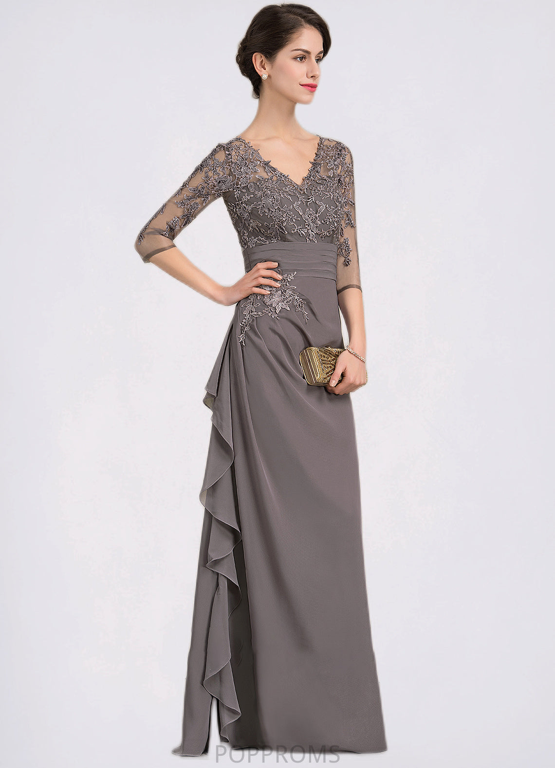 Hope A-line V-Neck Floor-Length Chiffon Lace Mother of the Bride Dress With Cascading Ruffles PP6126P0014645