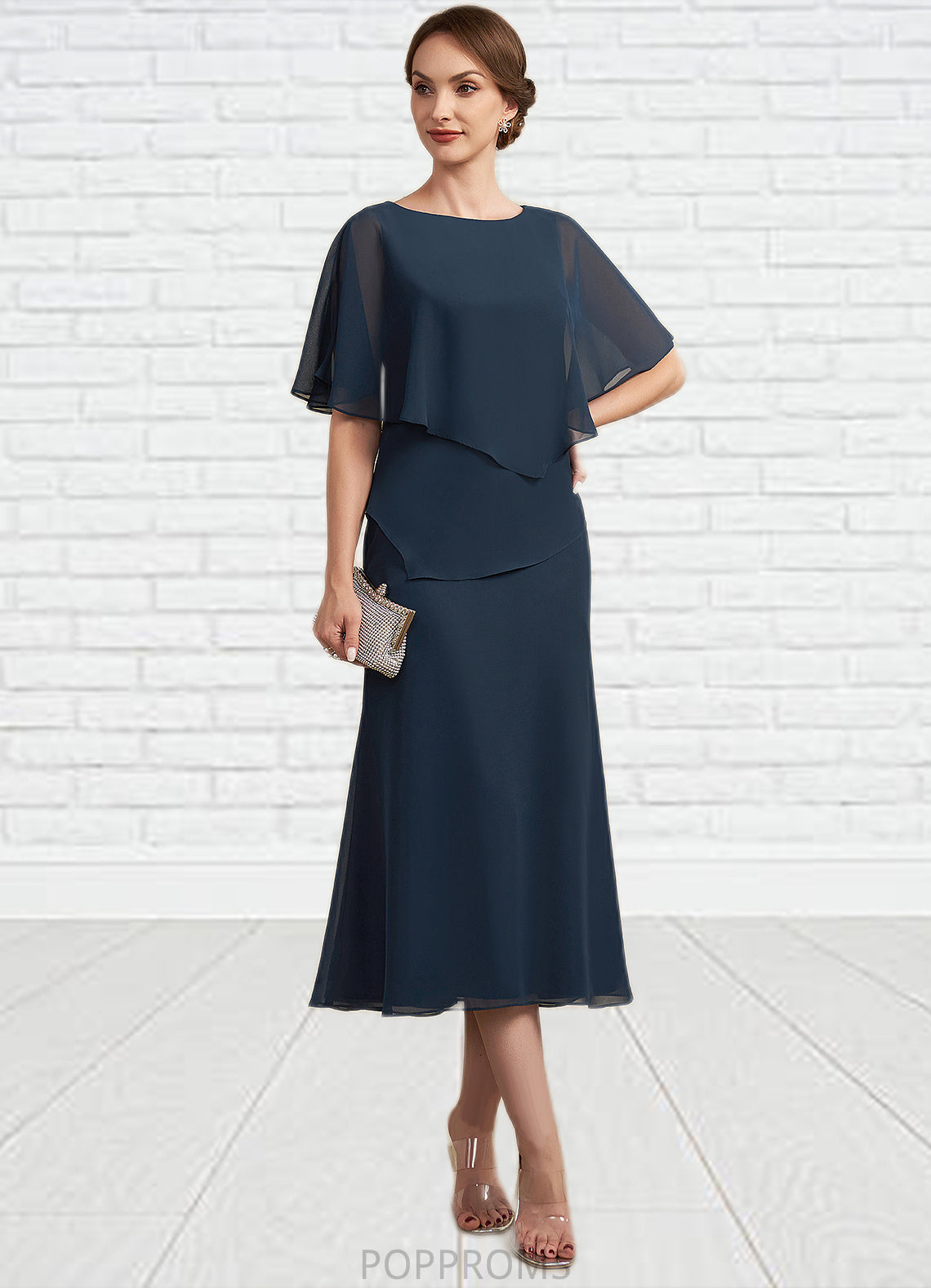 Gwendolyn Sheath/Column Scoop Neck Tea-Length Chiffon Mother of the Bride Dress PP6126P0014646