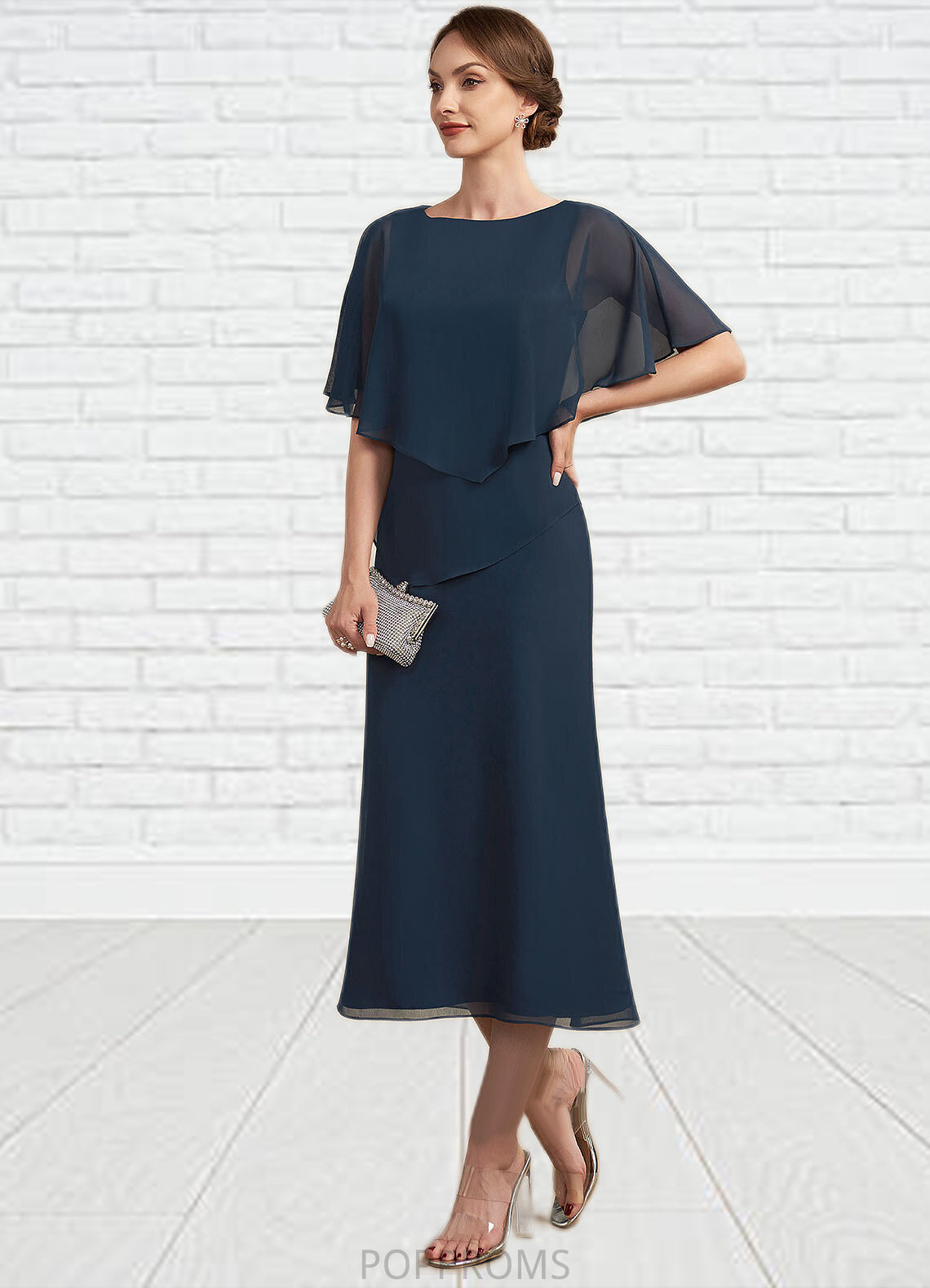 Gwendolyn Sheath/Column Scoop Neck Tea-Length Chiffon Mother of the Bride Dress PP6126P0014646