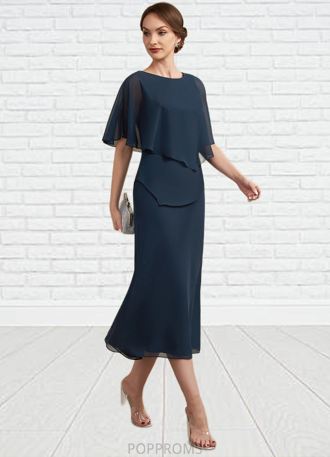 Gwendolyn Sheath/Column Scoop Neck Tea-Length Chiffon Mother of the Bride Dress PP6126P0014646